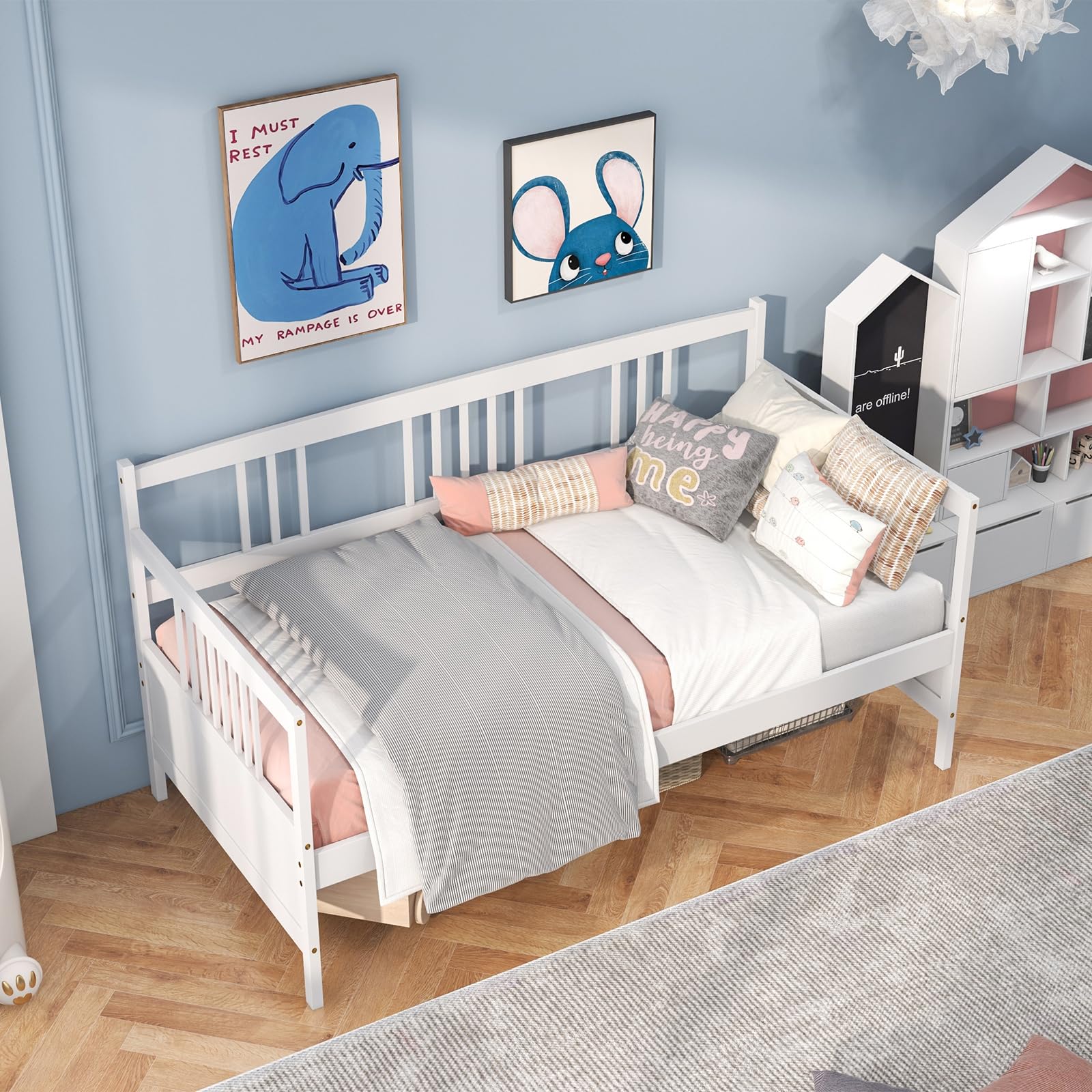 Twin Daybed Frame, Wooden Sofa Bed Guest Bed with Rails & Wood Slat Support