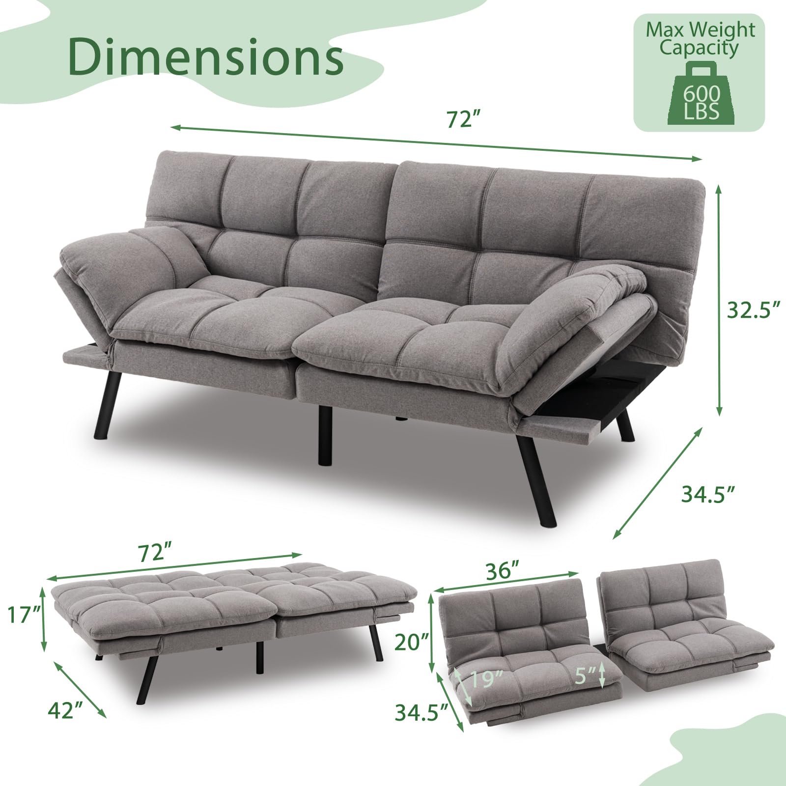 Futon Sofa Bed, Faux Leather Memory Foam Convertible Futon Couch with Adjustable Backrest & Armrests