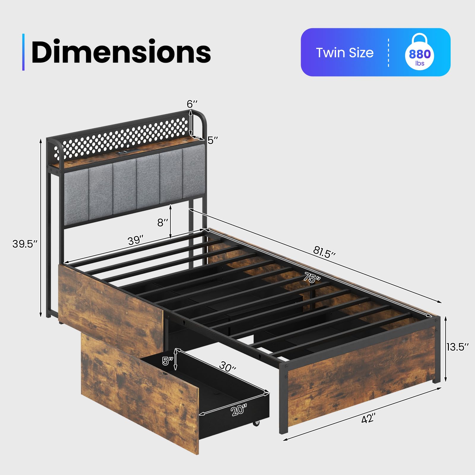 Industrial LED Bed Frame with 4 Storage Drawers & Charging Station