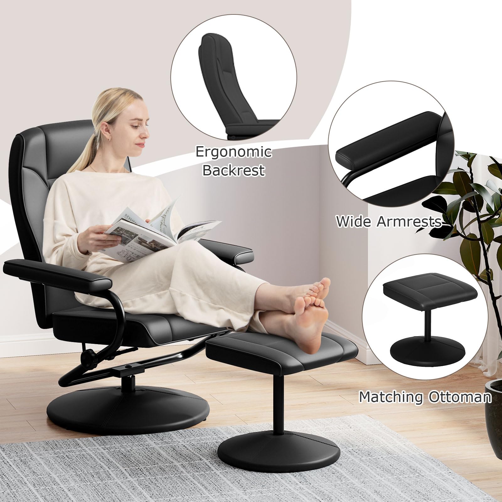 Recliner Chair with Ottoman, 360&deg; Swivel Faux Leather Reclining Chair w/Adjustable Backrest, Footrest