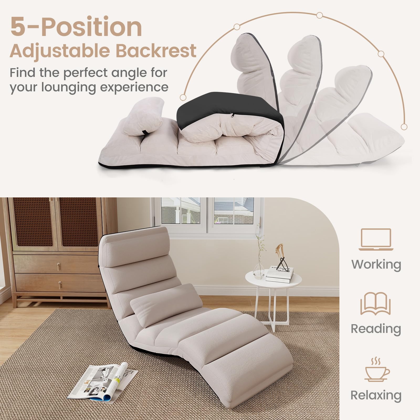 Floor Chairs for Adults, Adjustable 5-Position Floor Lounger with Thick Padded & Pillow