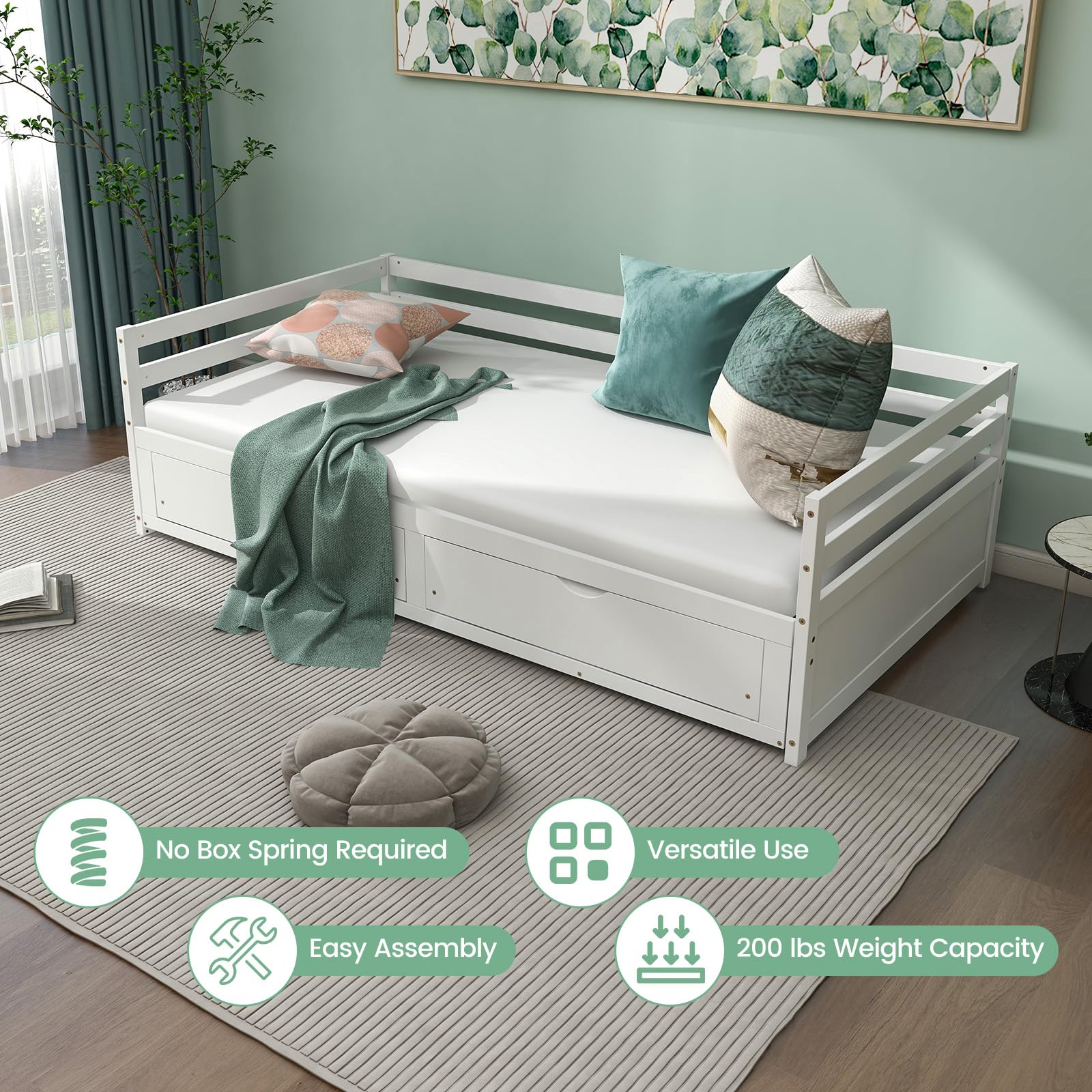 Wood Daybed with Trundle, Extendable Twin to King Daybed Frame with 2 Storage Drawers