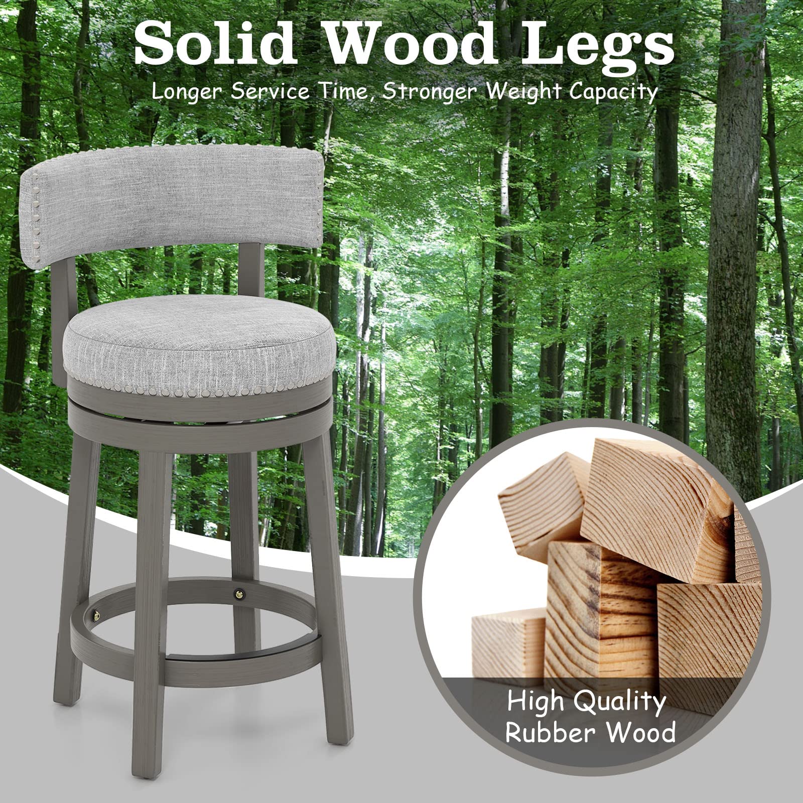 Modern 360&deg; Swivel Bar Stool with Upholstered Back & Seat, Solid Rubber Wood Legs & Round Footrest