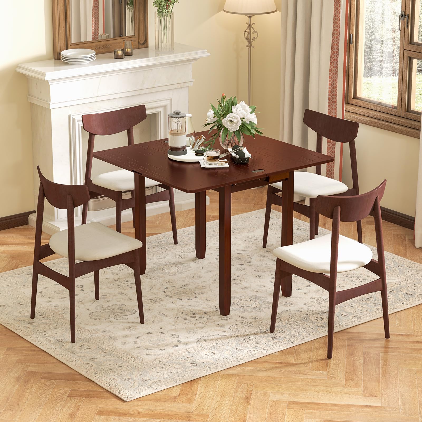 Folding Dining Table for 4, Extendable Kitchen Table w/Hidden Storage & Rubber Wood Frame
