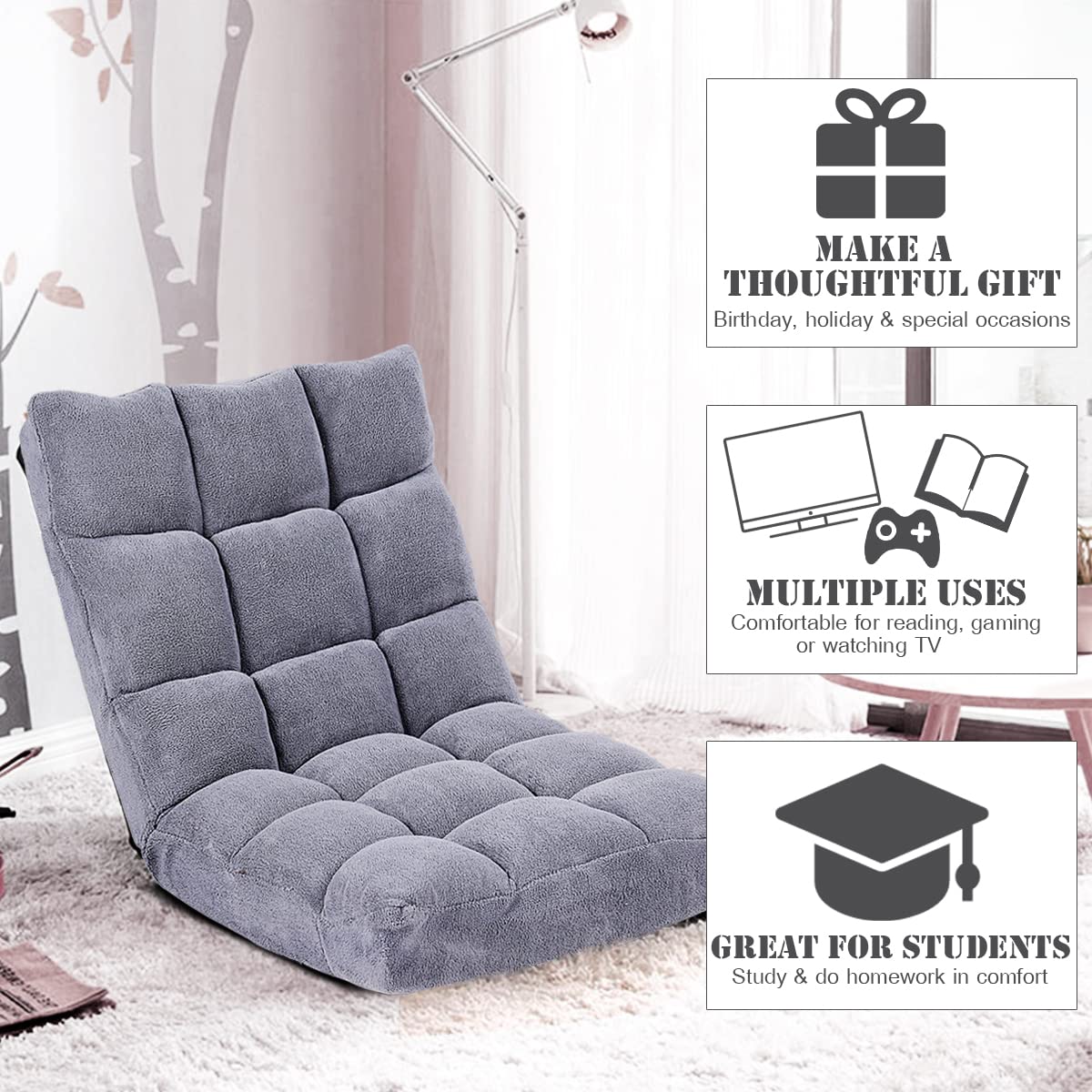 Floor Chairs for Adults - Floor Gaming Chair with Back Support, Coral Velvet, 14 Adjustable Position