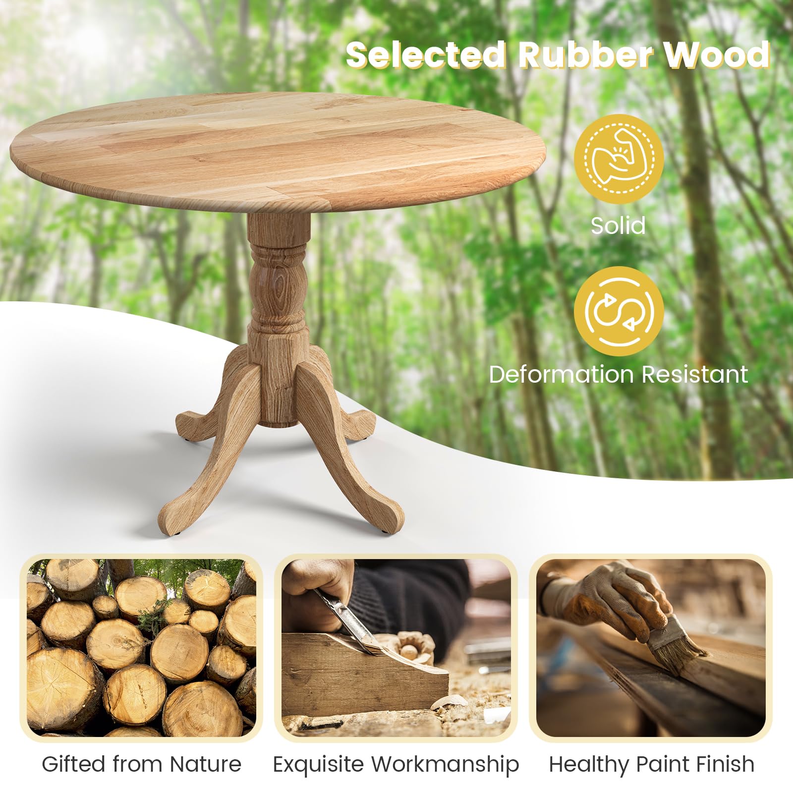 Wood Round Dining Table for 4 People with Round Tabletop & Curved Trestle Legs