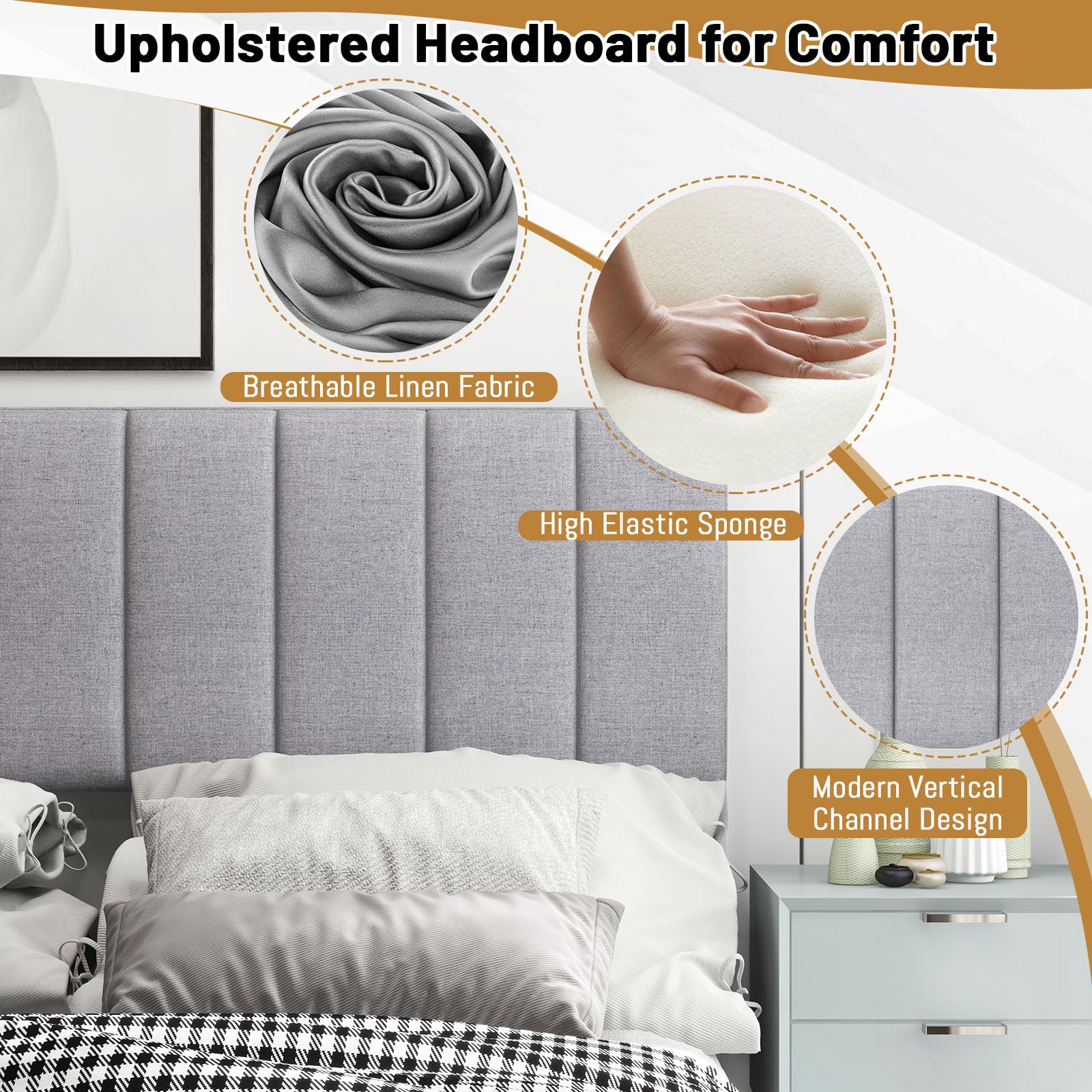 Linen Upholstered Headboard for Full & Queen Size Bed