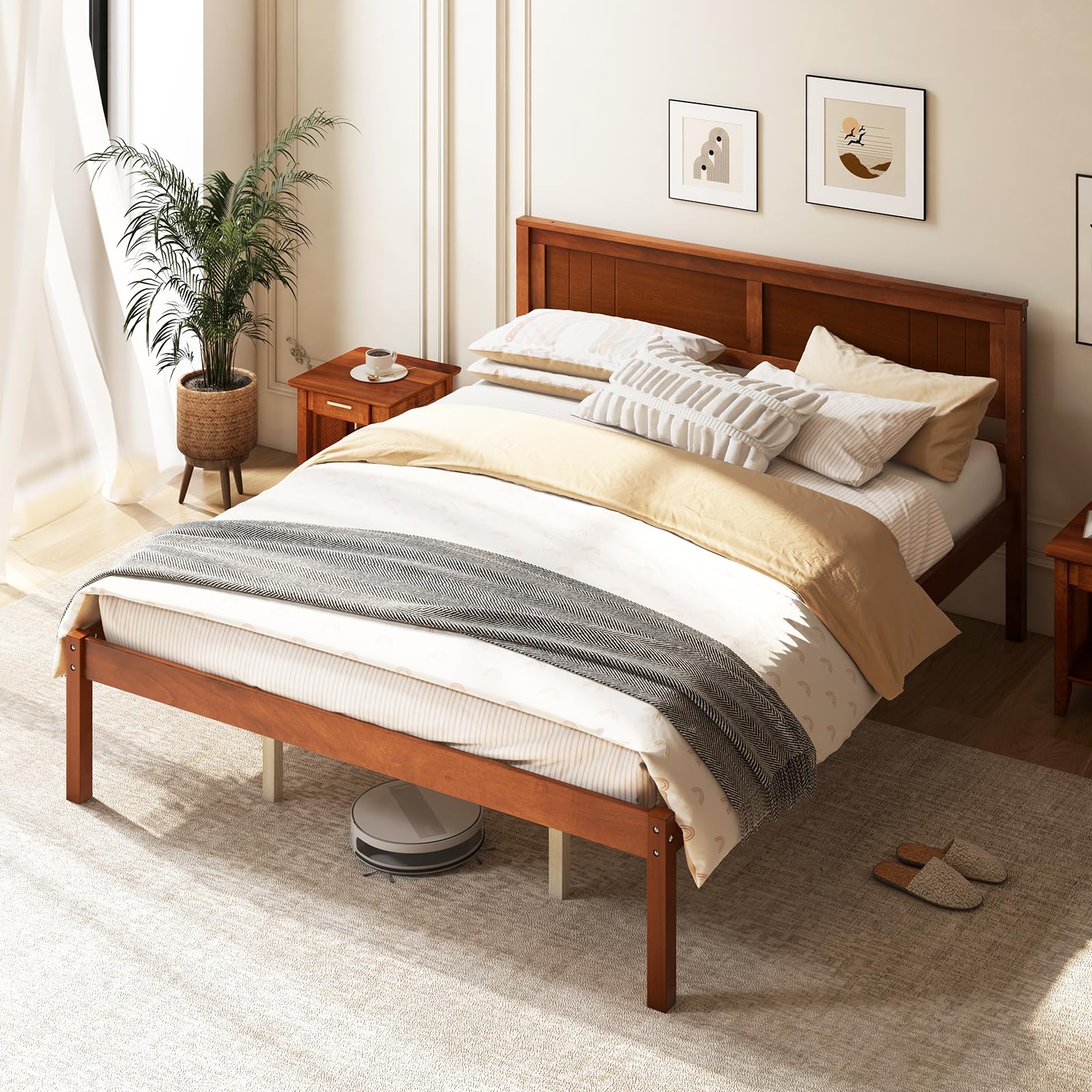 Wooden Platform Bed Frame with Headboard & Wood Slat Support