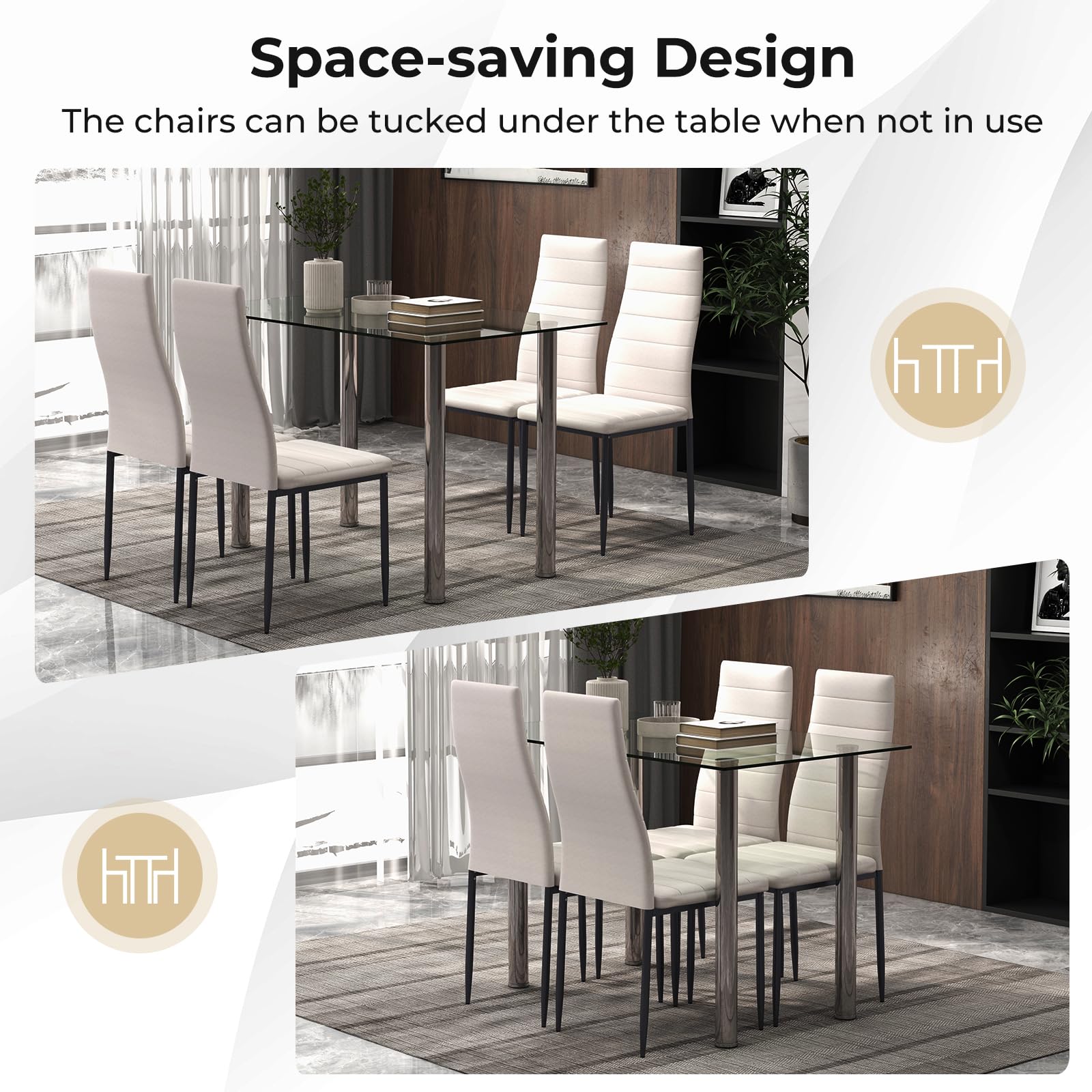 5 Piece Dining Table Sets, Modern Tempered Glass Top and PVC Leather Chair w/4 Chairs