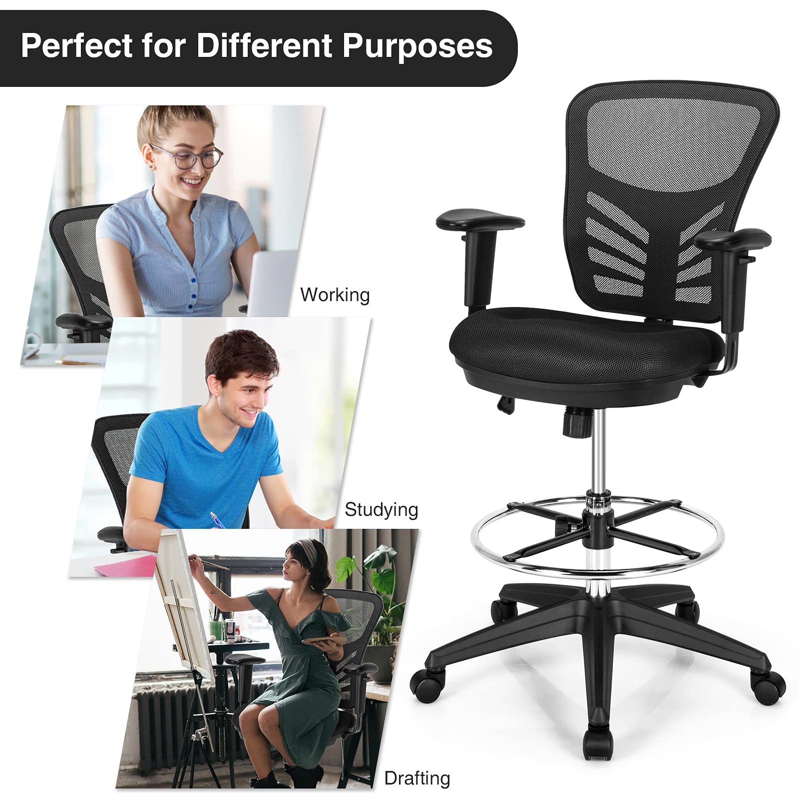 Drafting Chair, Standing Desk Chair with Lumbar Support, Footrest Ring & Armrests