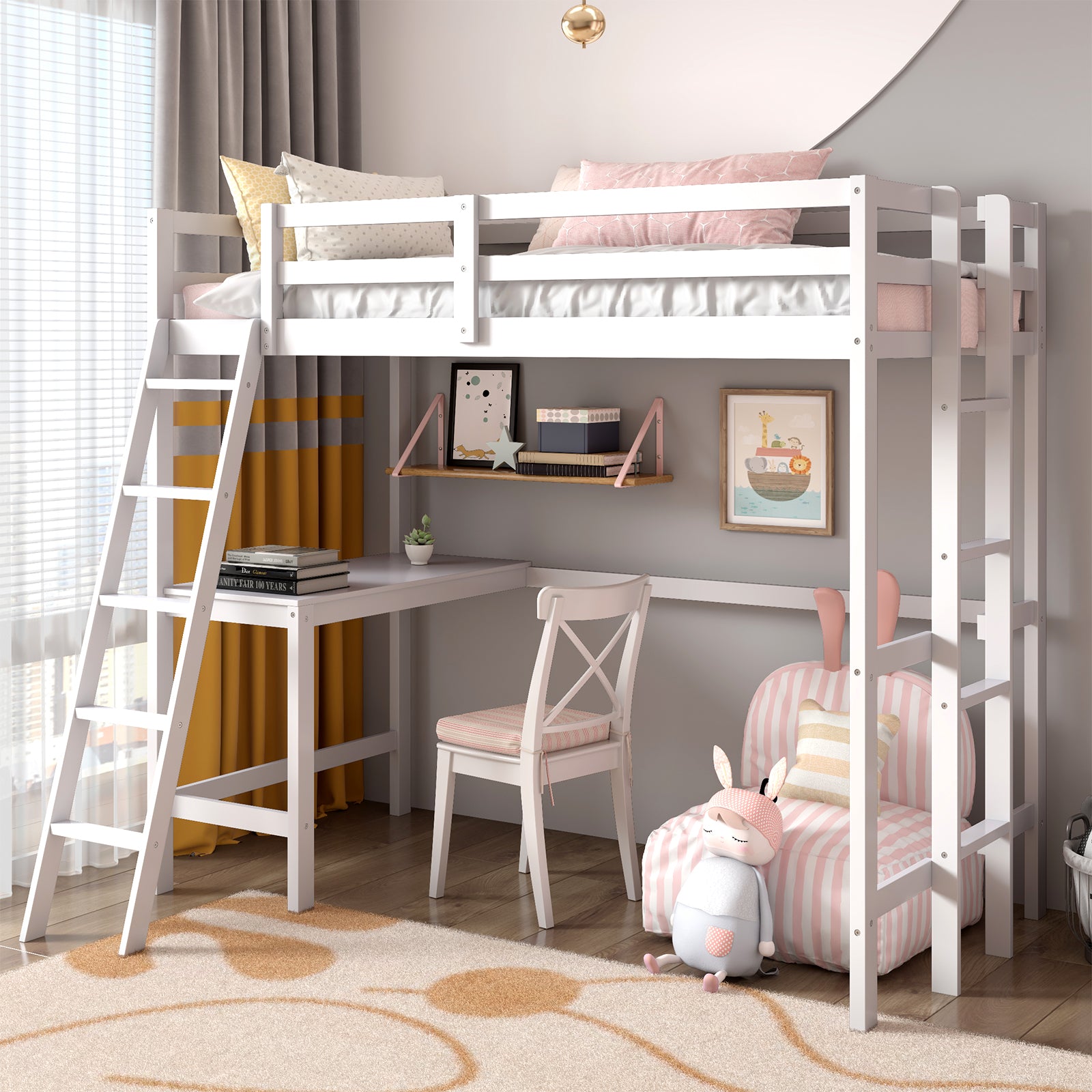 Twin Size Wood Loft Bed with Desk, 2 Ladders, Full Length Guardrail for Kids Teens Adults