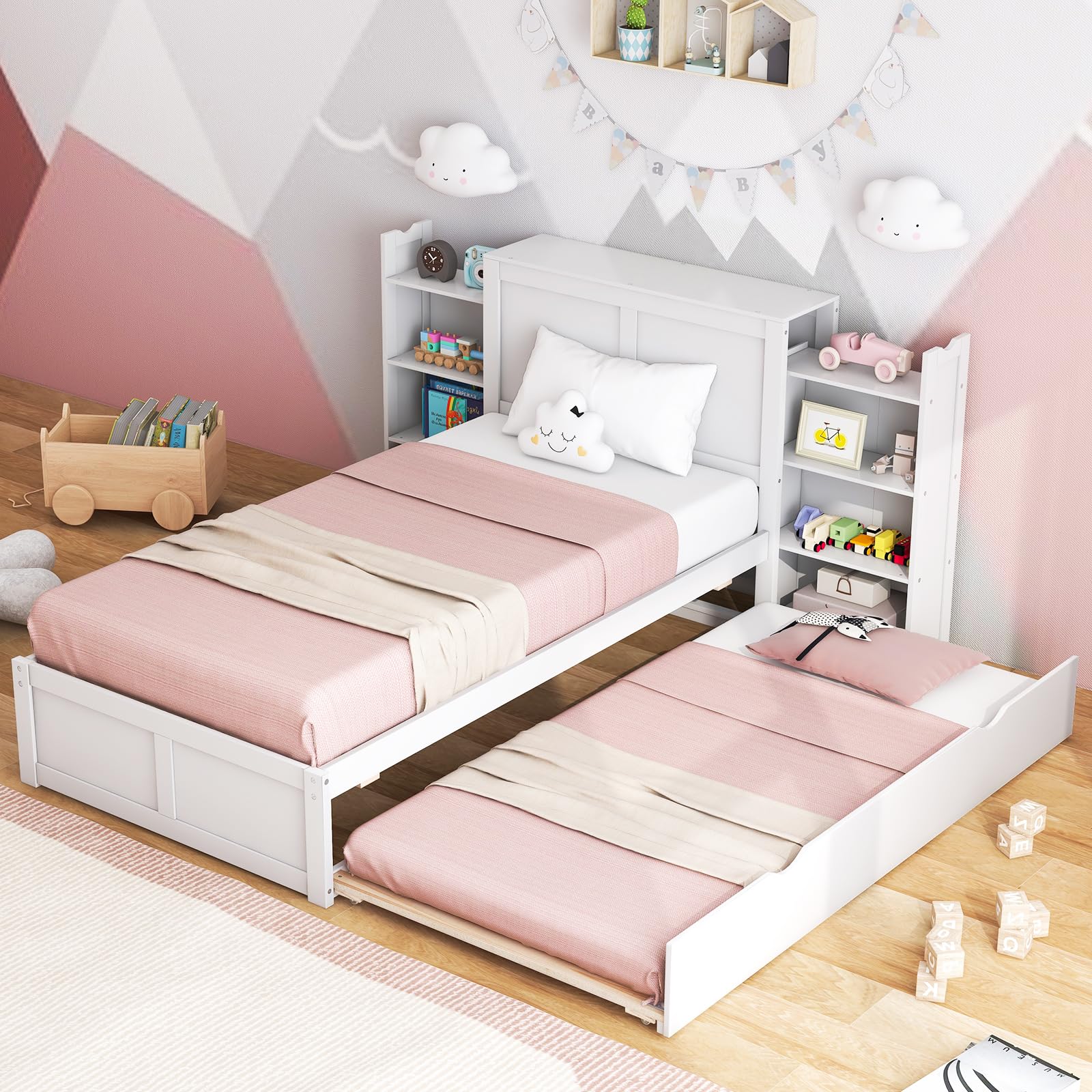 Twin Wood Daybed with Trundle with 2 Rolling Bookcases & High Headboard
