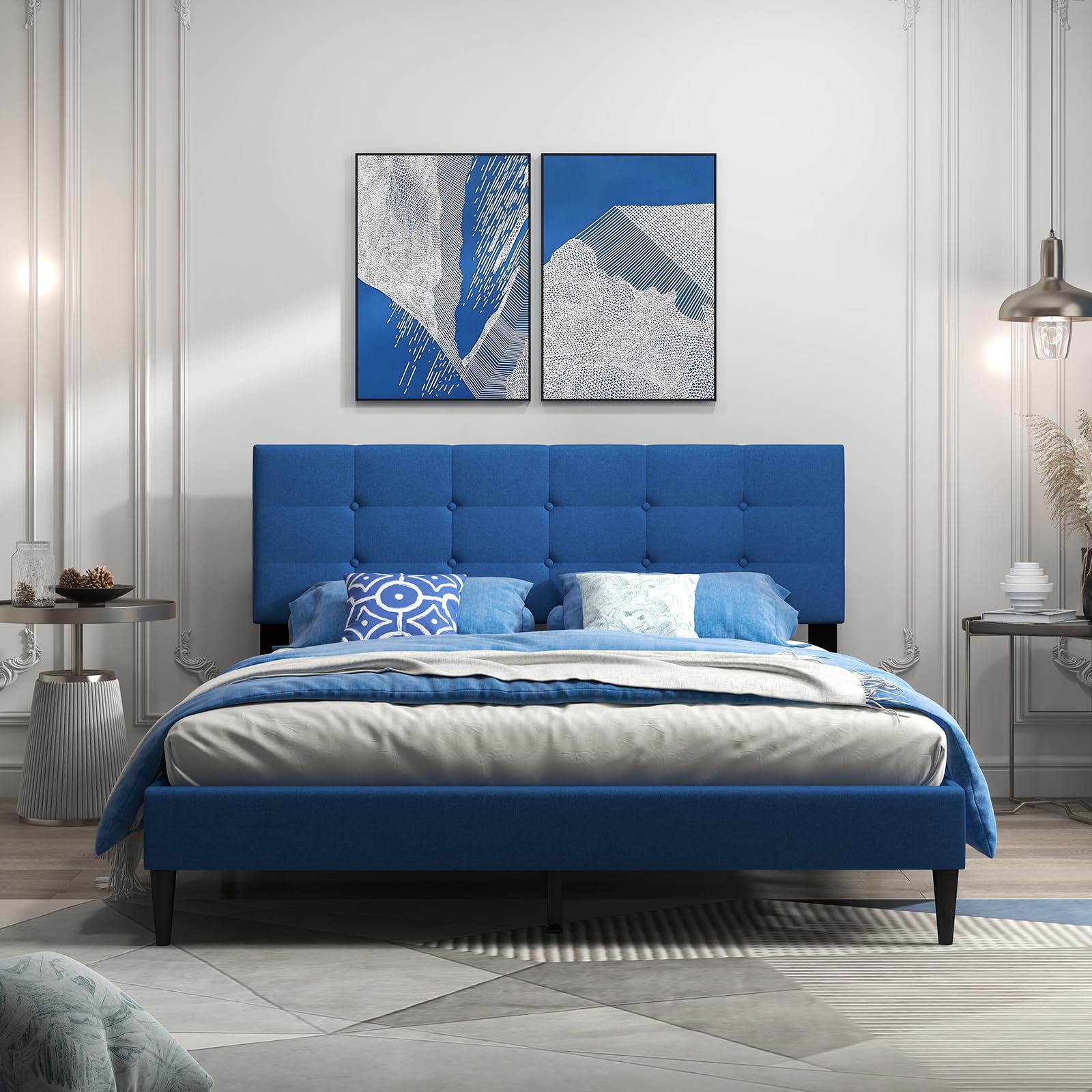 Twin/Queen Size Upholstered Platform Bed Frame with Button Tufted Linen Fabric Headboard