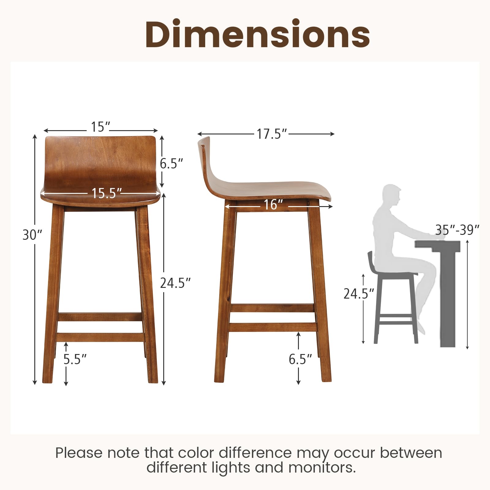 Solid Wood Bar Stools Set of 2/4, Counter Height Chairs with Low Back and Footrest