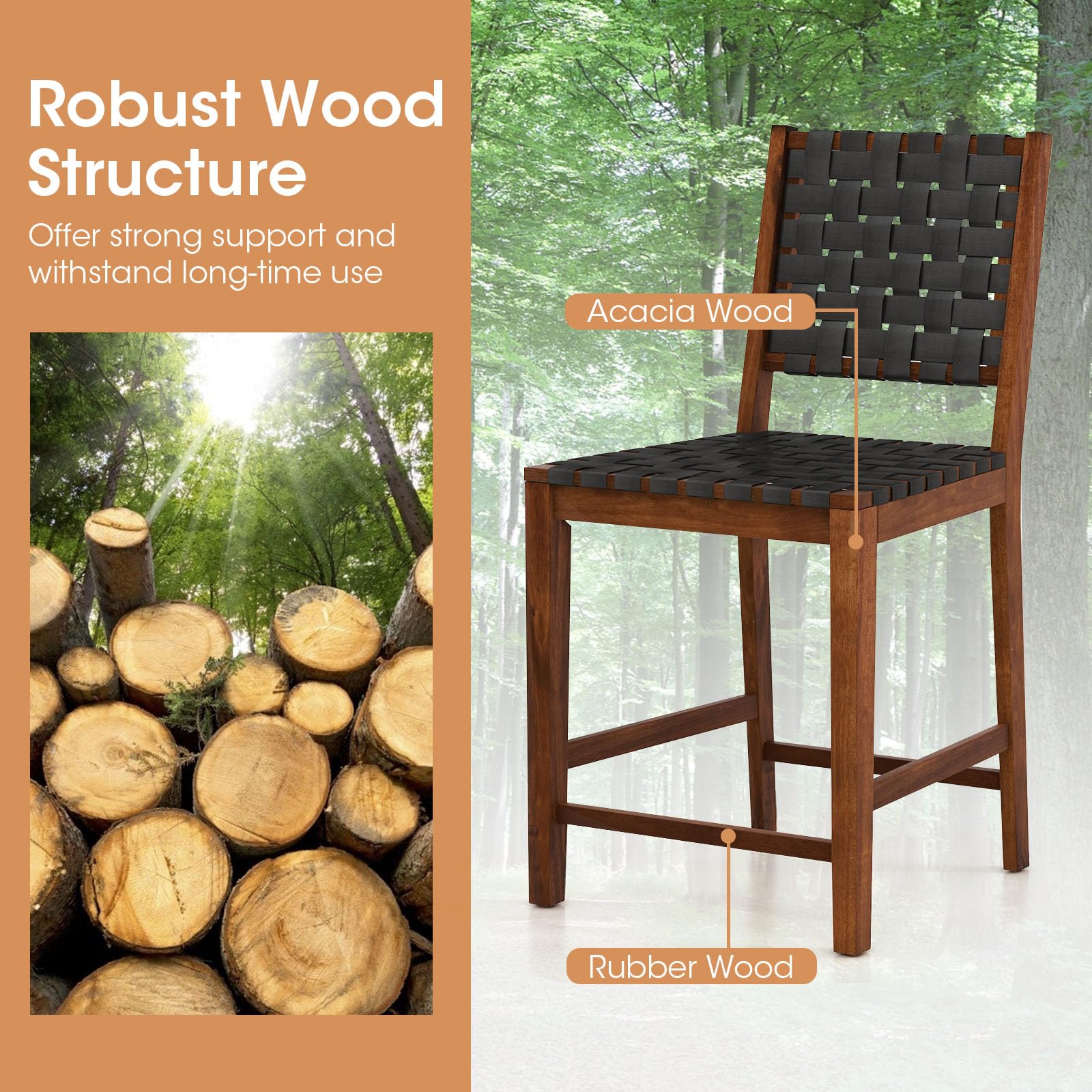 24" Counter Height Bar Stools Set of 2/4, Solid Wood Woven Rustic Barstools w/Faux PU Leather Straps