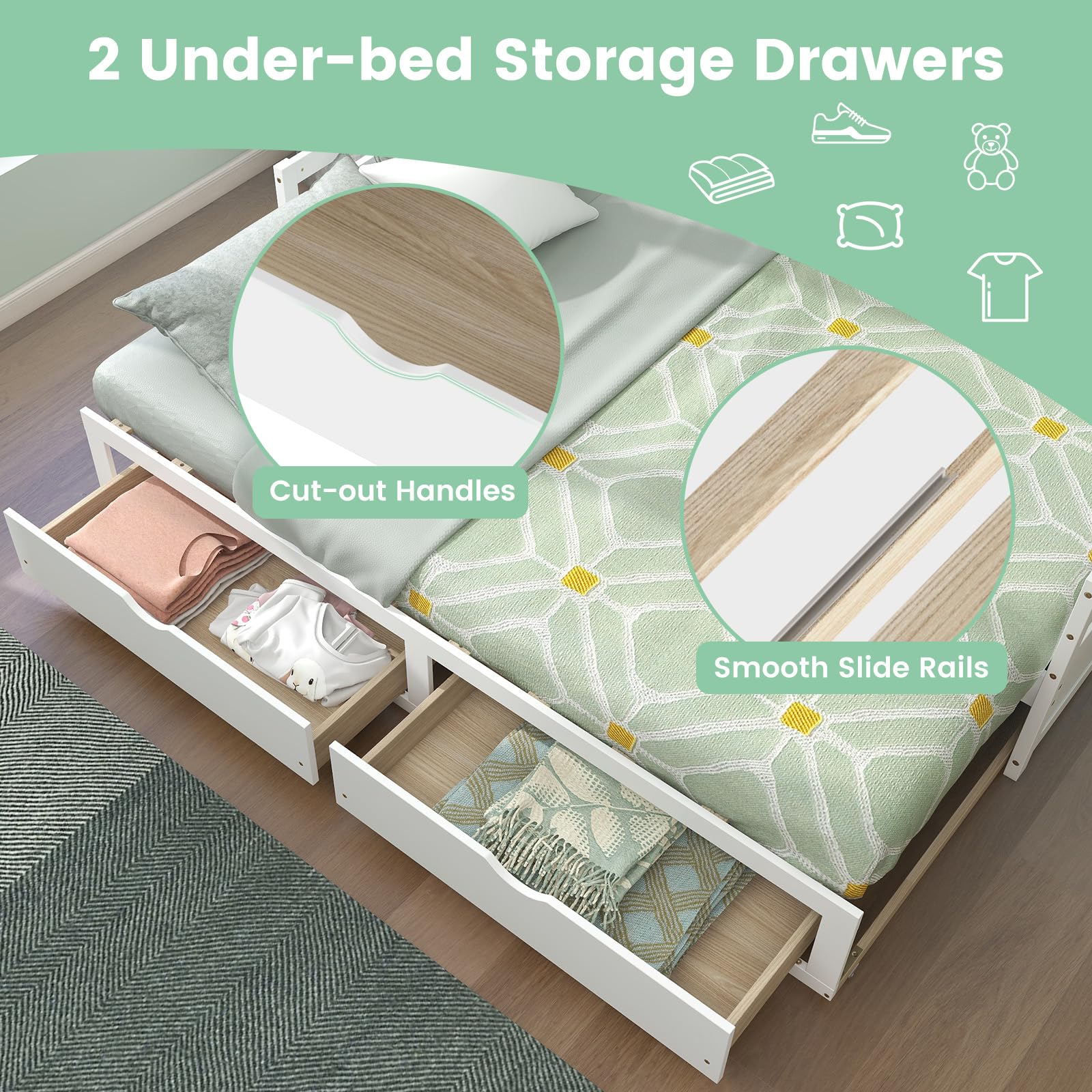 Wood Daybed with Trundle, Extendable Twin to King Daybed Frame with 2 Storage Drawers