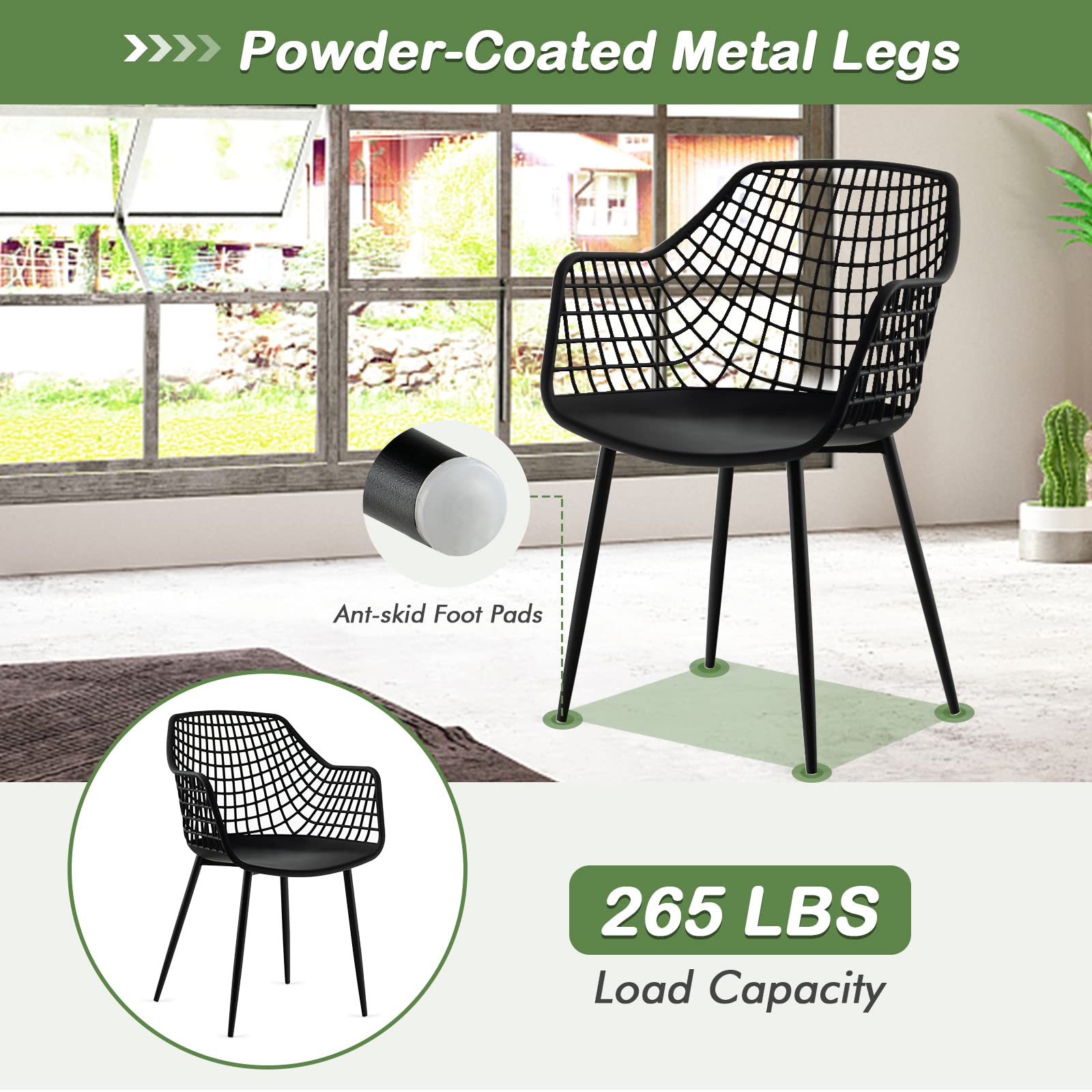 Modern Dining Chairs Set of 4 - Arm Chair with 15" High Backrest, Powder-Coated Metal Legs, Anti-Slip Foot Pads