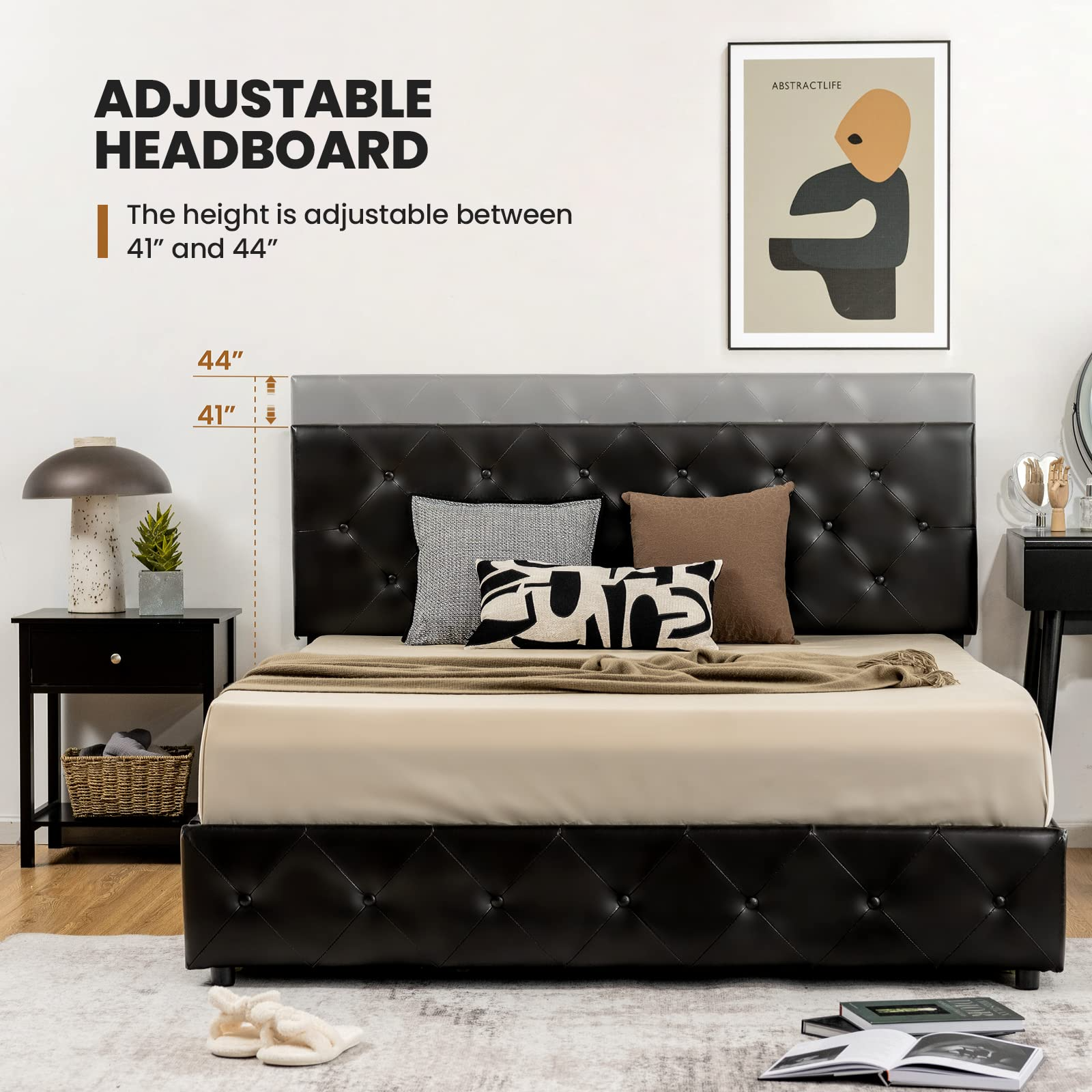 Upholstered PU Leather Platform Bed Frame with 4 Storage Drawers