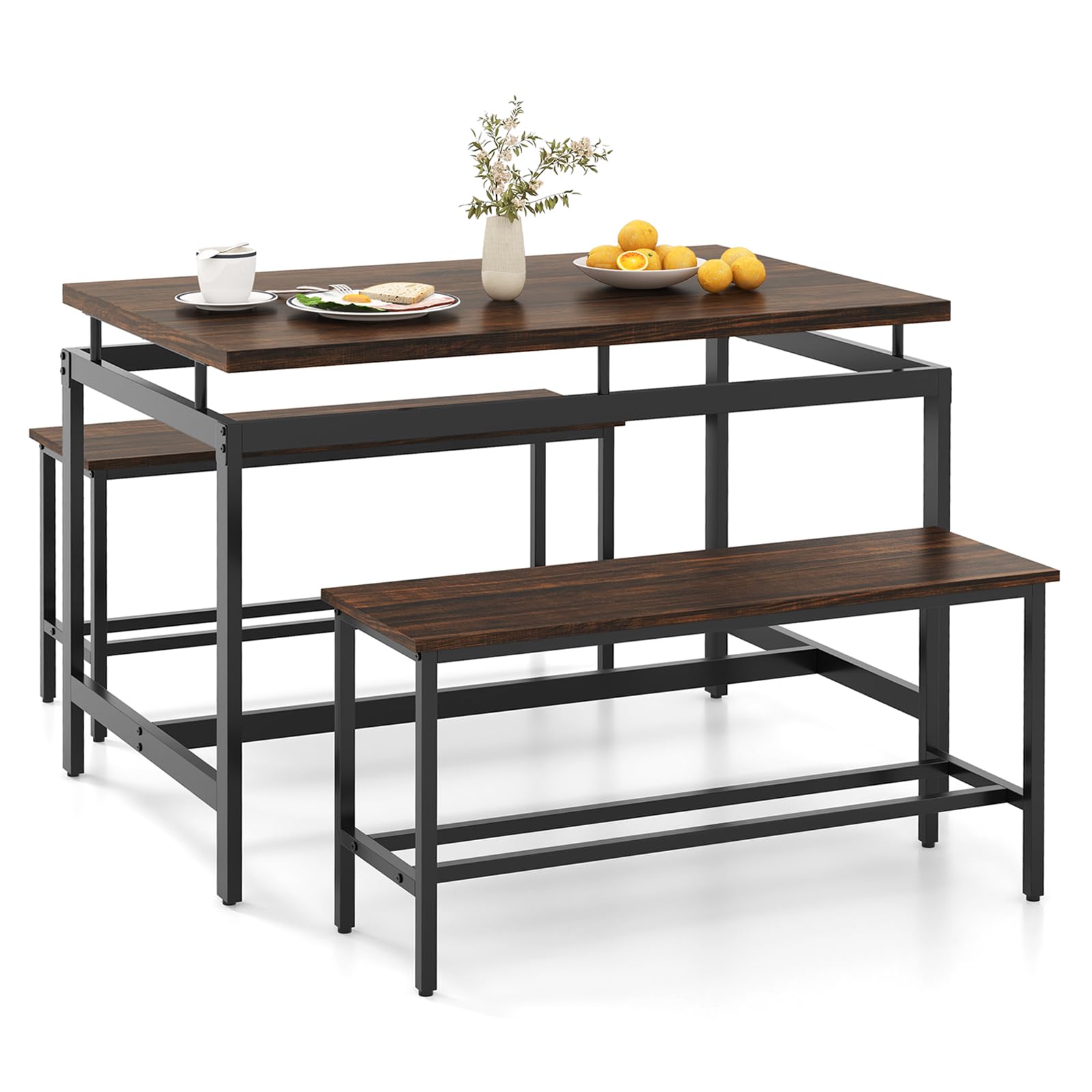 Dining Table Set for 4 with 2 Benches, Metal Frame