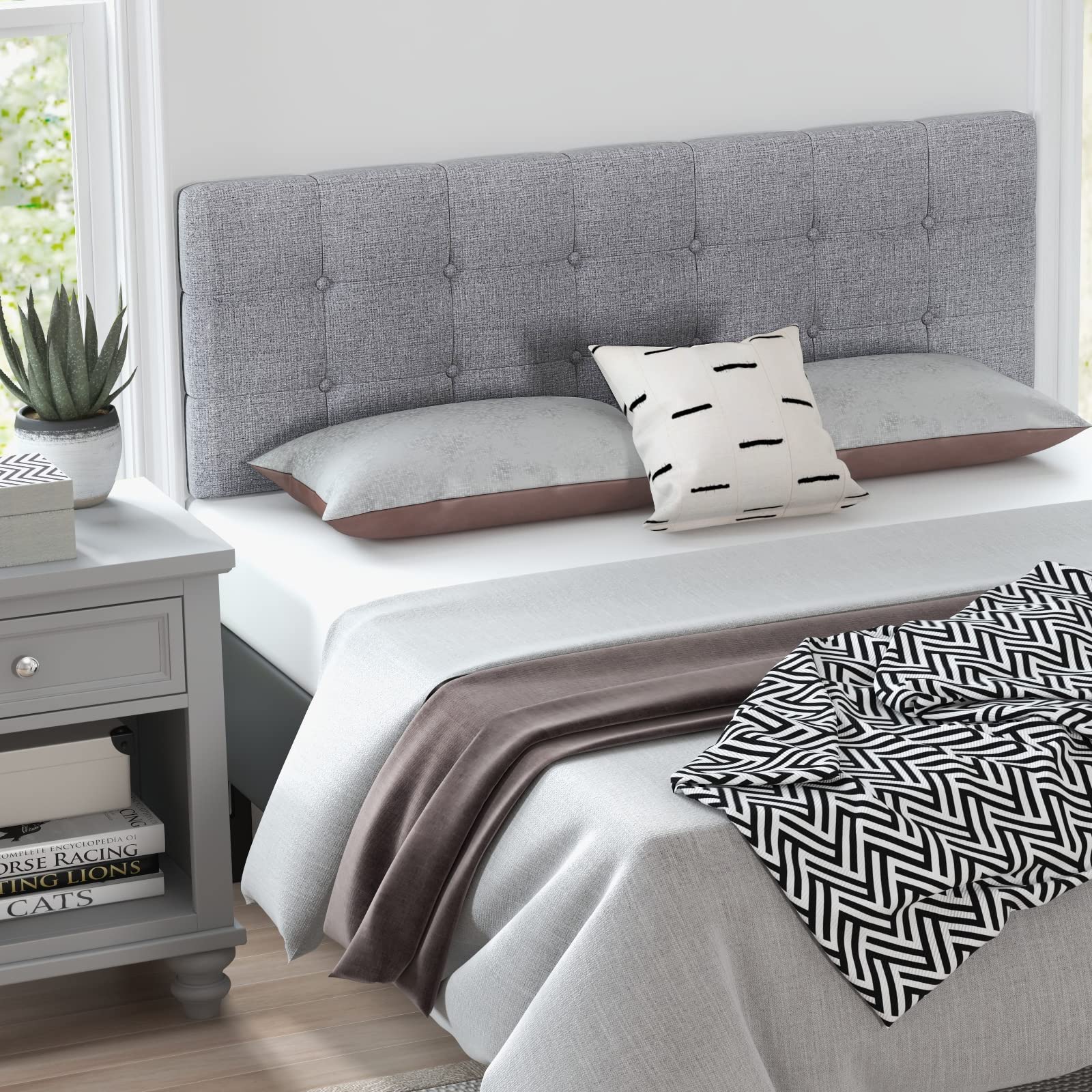 Linen Upholstered Headboard, Modern Tufted Button Bed Headboard with Solid Rubber Wood Legs