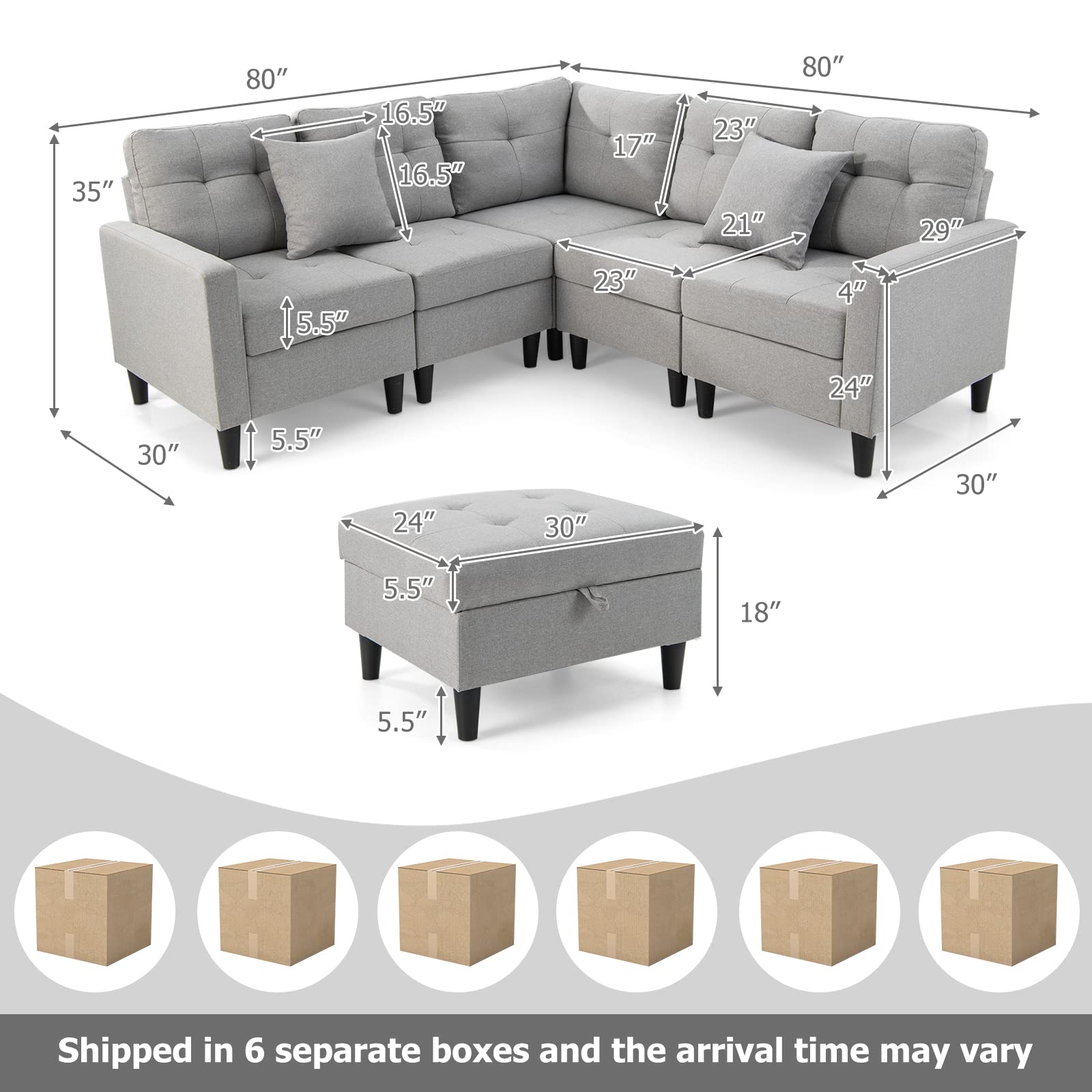 Modular Sectional Sofa Couch, Reversible L-Shaped Corner Sofa Set with Ottoman