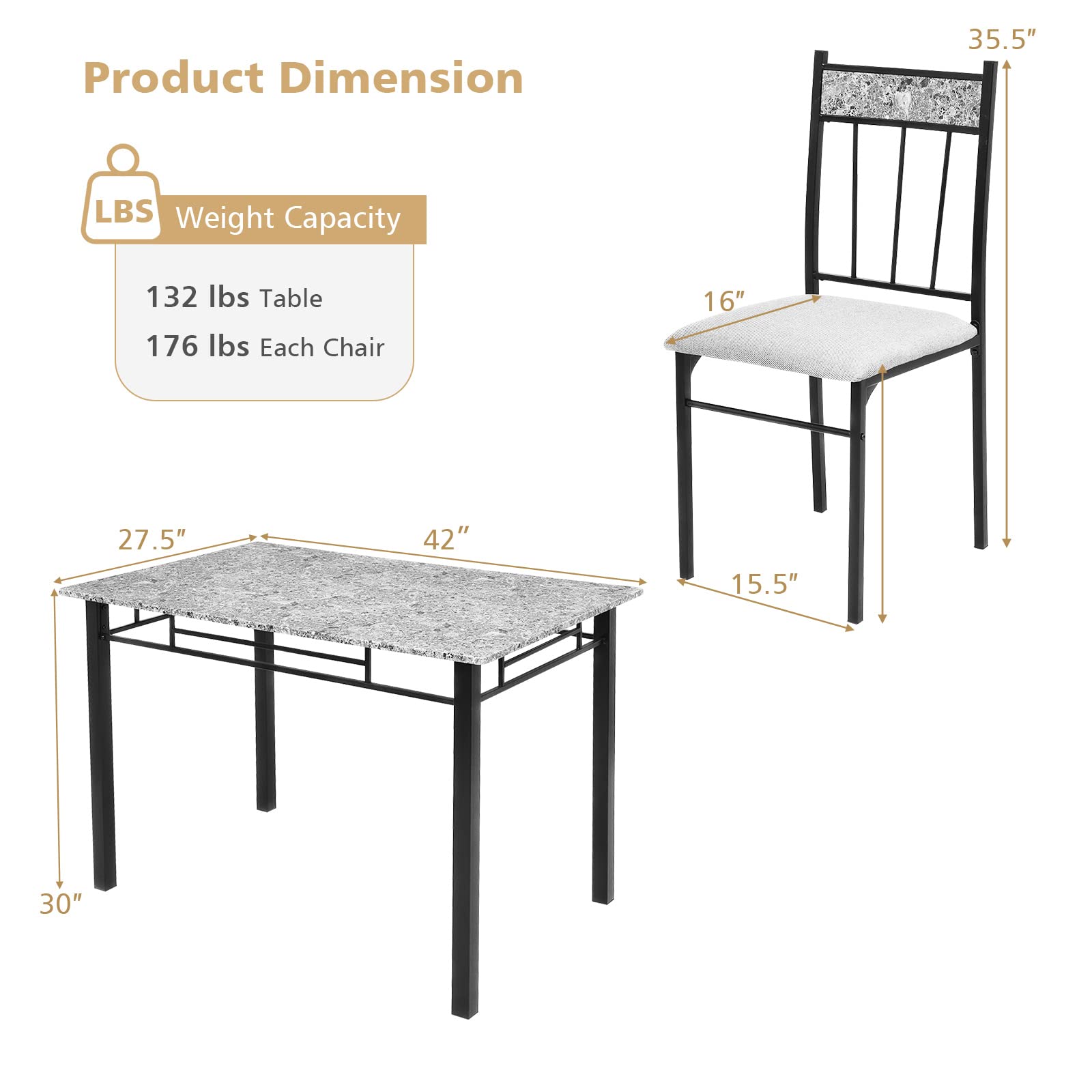 5 Piece Dining Table Set, Modern Rectangular Dining Table & Upholstered Chair Set w/Marble Tabletop