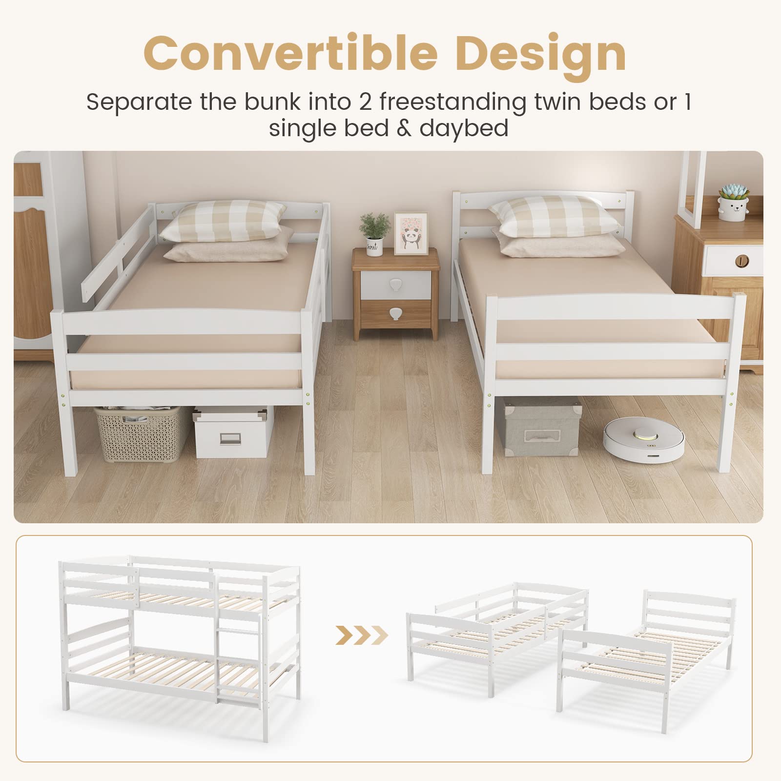 Twin Over Twin Wood Bunk Bed with Full-Length Guardrail & Integrated Ladder