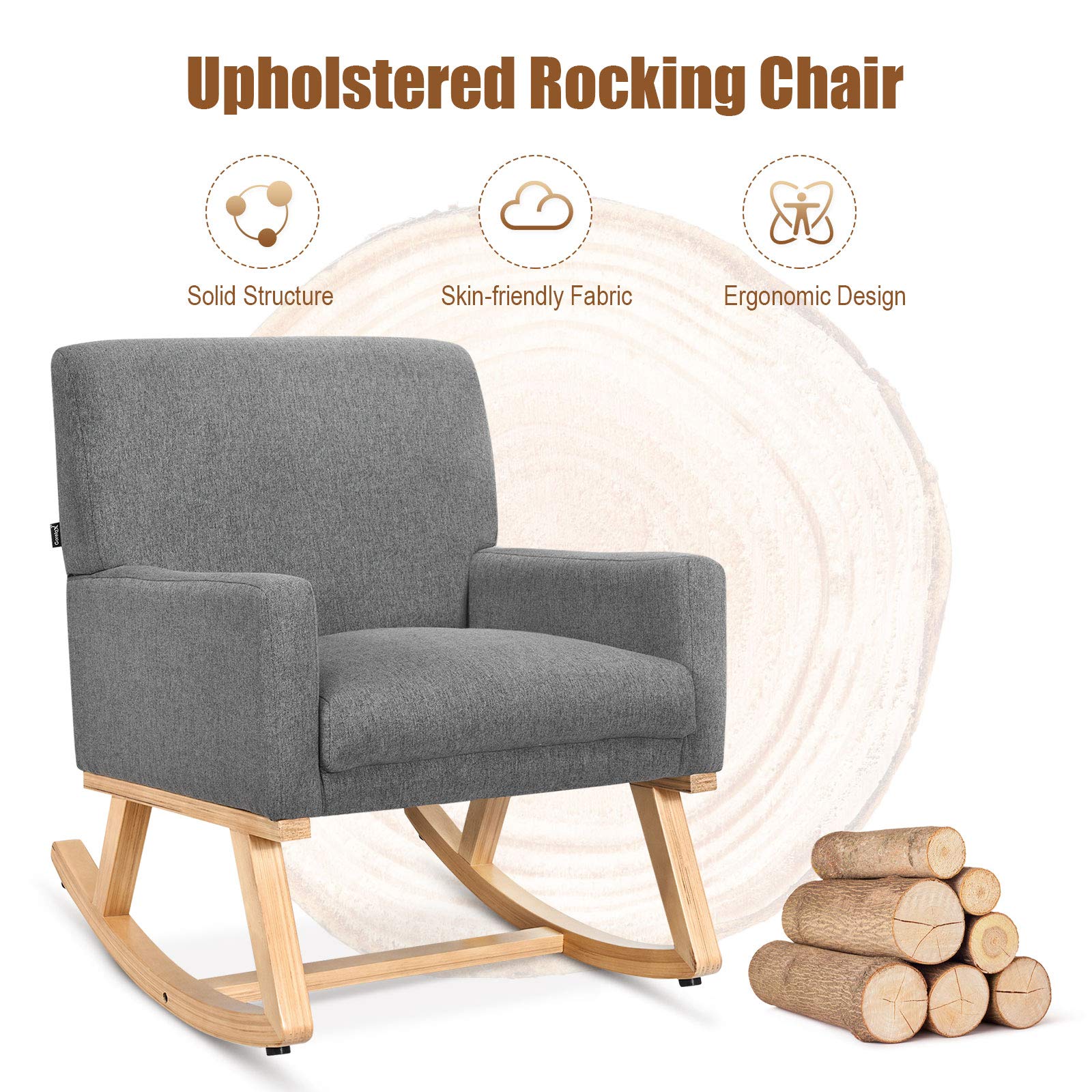 Upholstered Rocking Chair with Fabric Padded Seat and Solid Wood Base