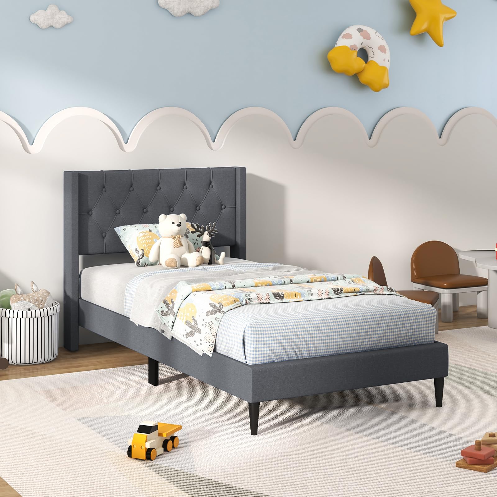 Upholstered Platform Bed with Button Tufted Wingback Headboard