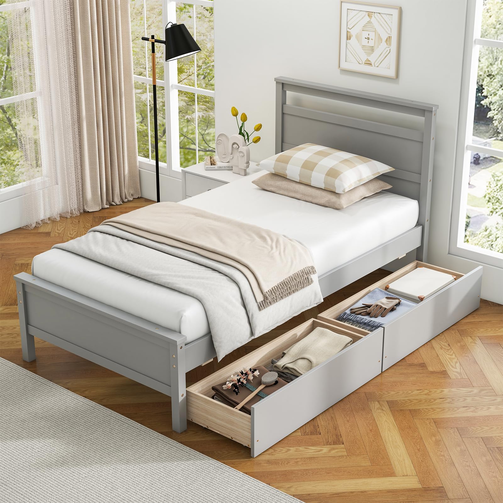 Twin Bed Frame with 2 Storage Drawers