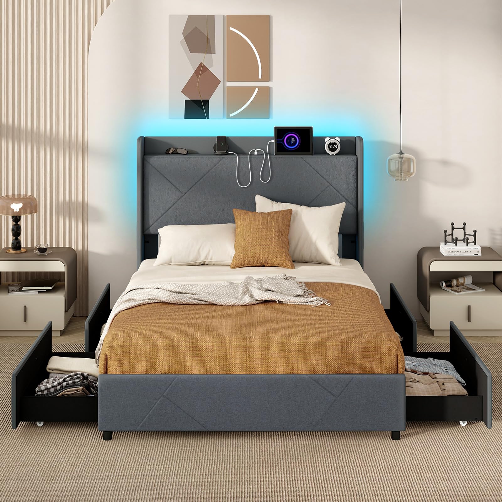 Upholstered Bed Frame with 4 Storage Drawers & LED Lights, Wingback Headboard & Charging Station