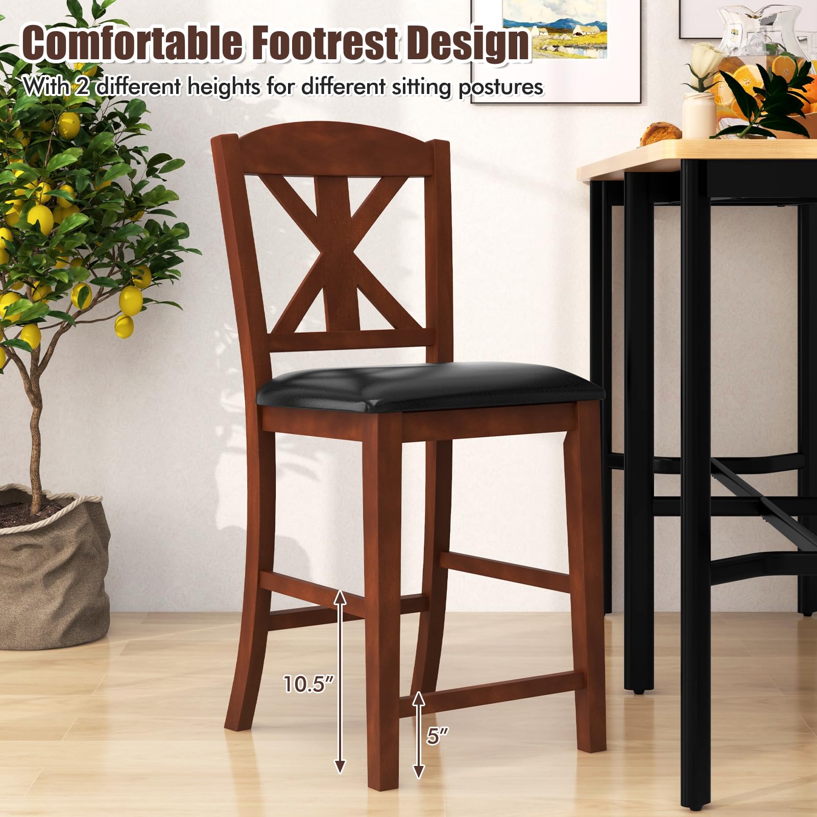 Wood Bar Stools Set of 2/4, 24" Upholstered Counter Height Bar Chairs w/Hollowed High Back, PU Leather, Rubber Wood Legs