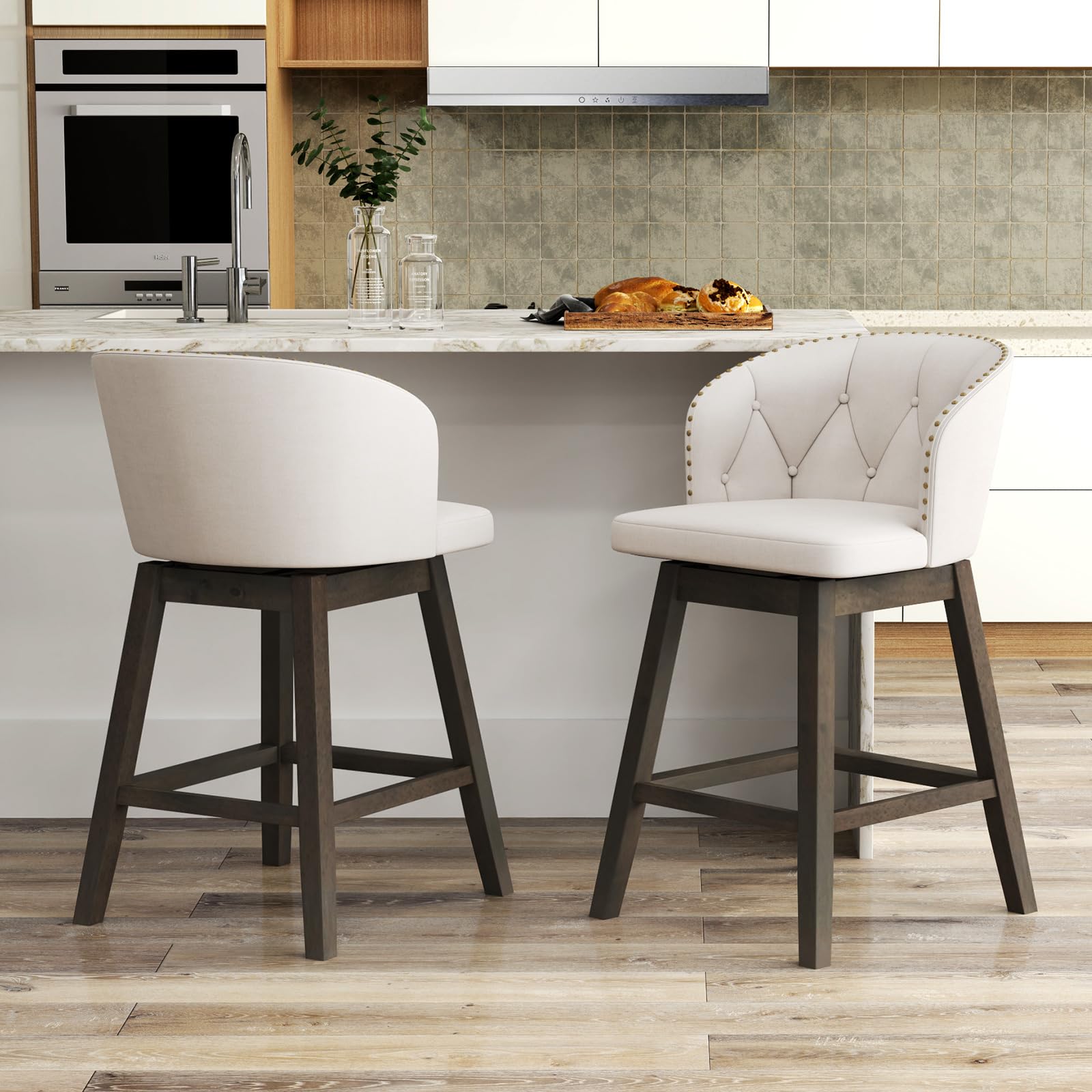Counter Height Bar Stools Set of 2/4, Fabric Upholstered Island Stools with 360&deg; Swivel Seat & Button-Tufted Back