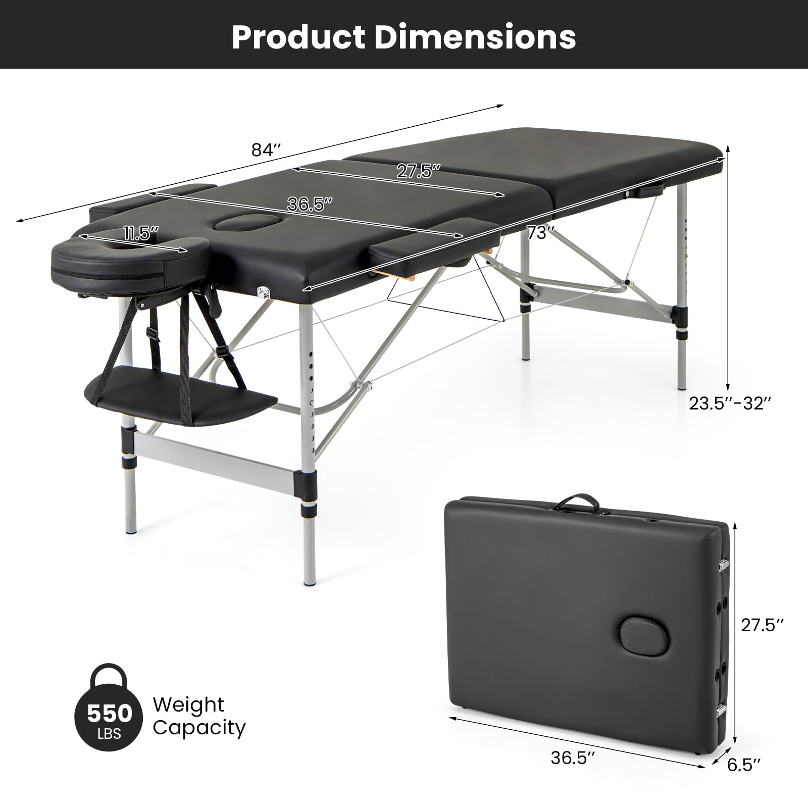 Massage Table, Portable Massage Bed with Carrying Bag, 2 Fold Salon Spa Tattoo Bed, Height Adjustable