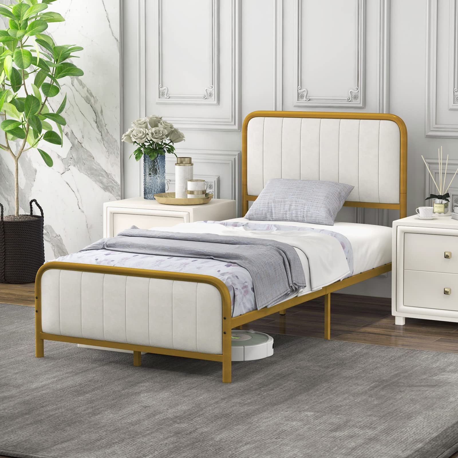 Gold Metal Bed Frame, Heavy-Duty Metal Mattress Foundation with Velvet Headboard and Footboard