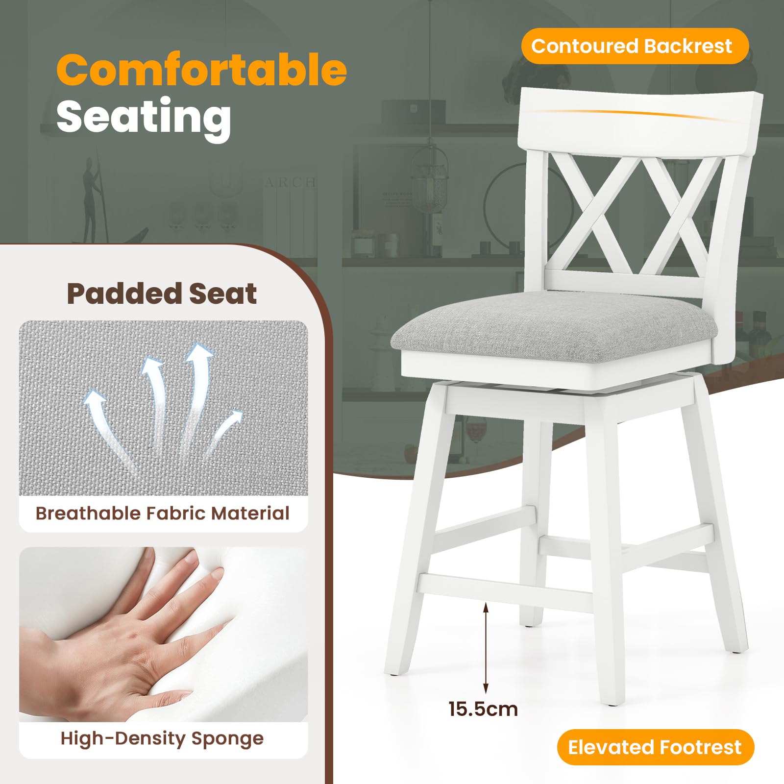 Swivel Counter Height Bar Stool with Contoured Backrest, Padded Seat & Rubber Wood Legs