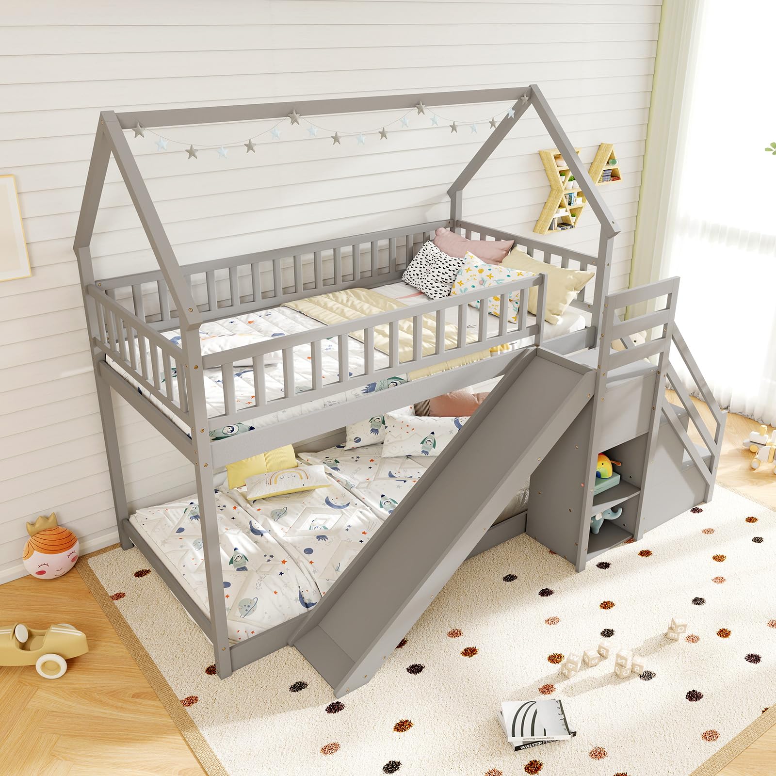 Twin Over Twin  Wood House Bunk Bed with Slide & Stairs, Storage Shelves