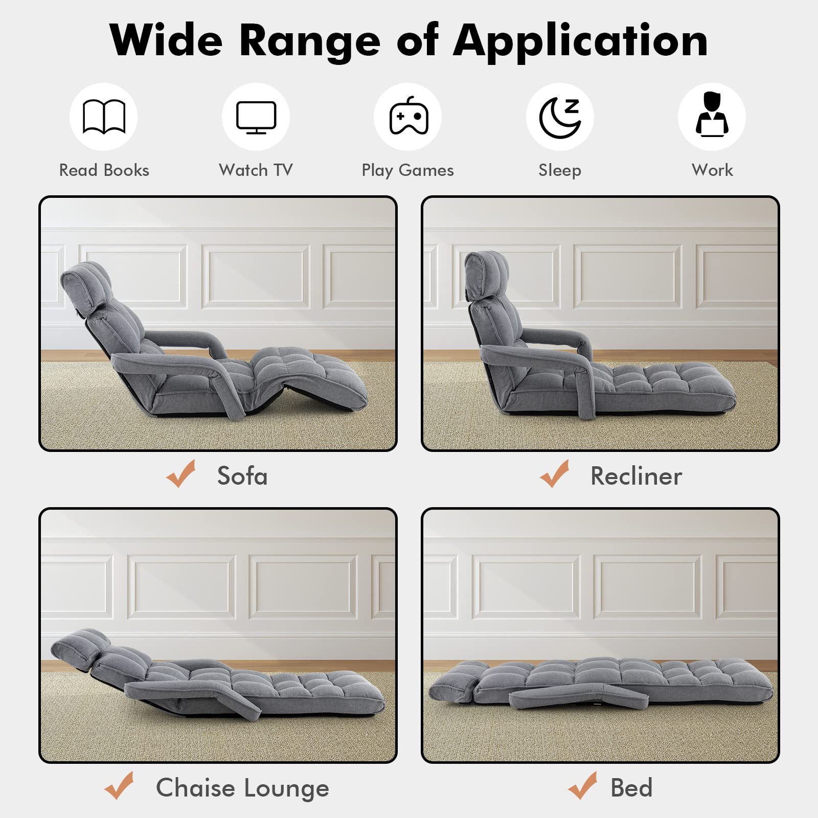 Foldable Lazy Sofa, Indoor Chaise Lounger Sofa with 6 Adjustable Positions