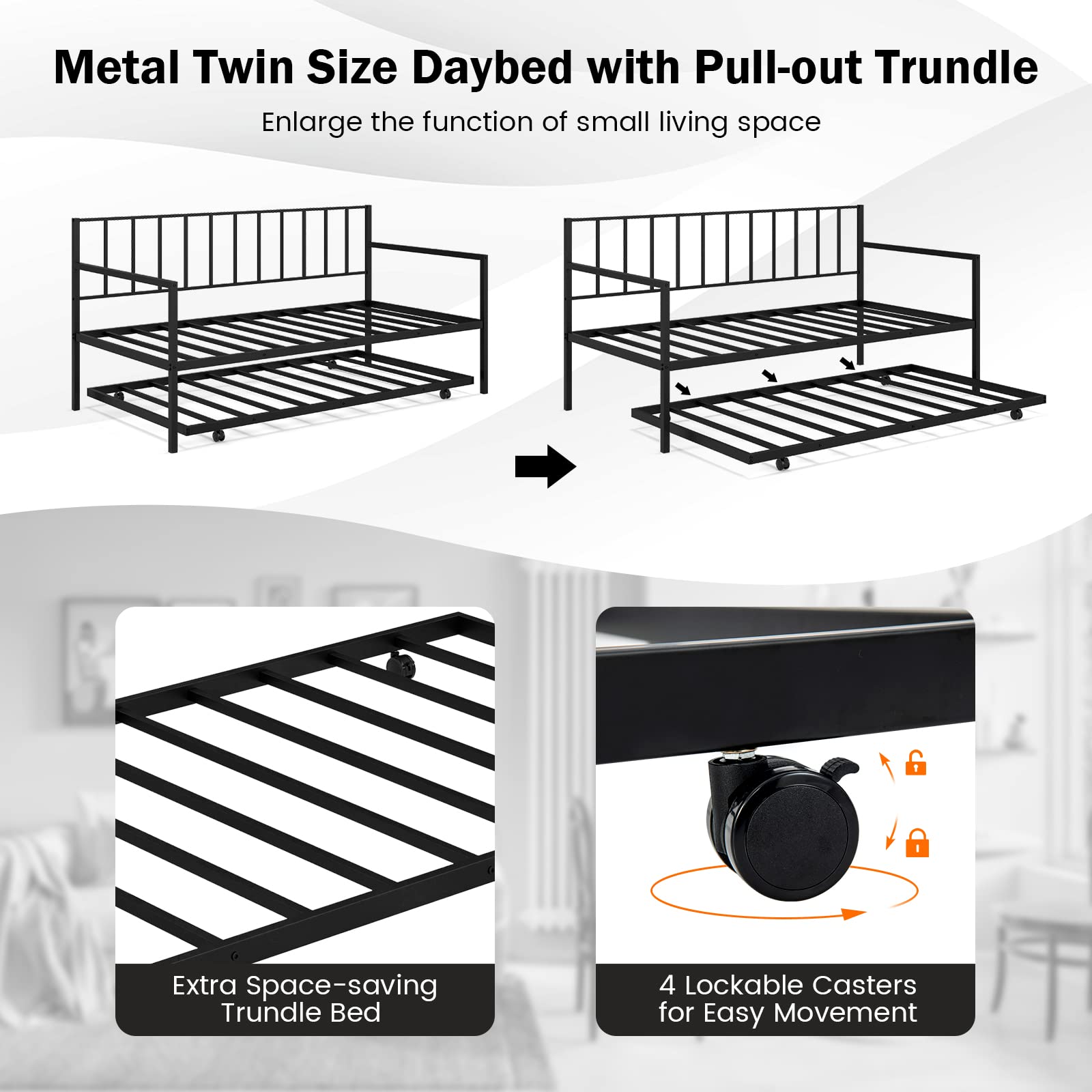 Twin Metal Daybed with Trundle, Metal Sofa Bed & Pull-Out Trundle Set with Lockable Casters