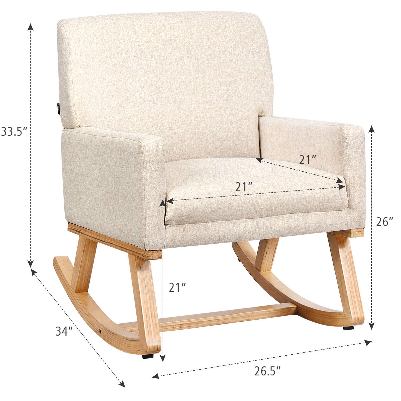 Upholstered Rocking Chair with Fabric Padded Seat and Solid Wood Base