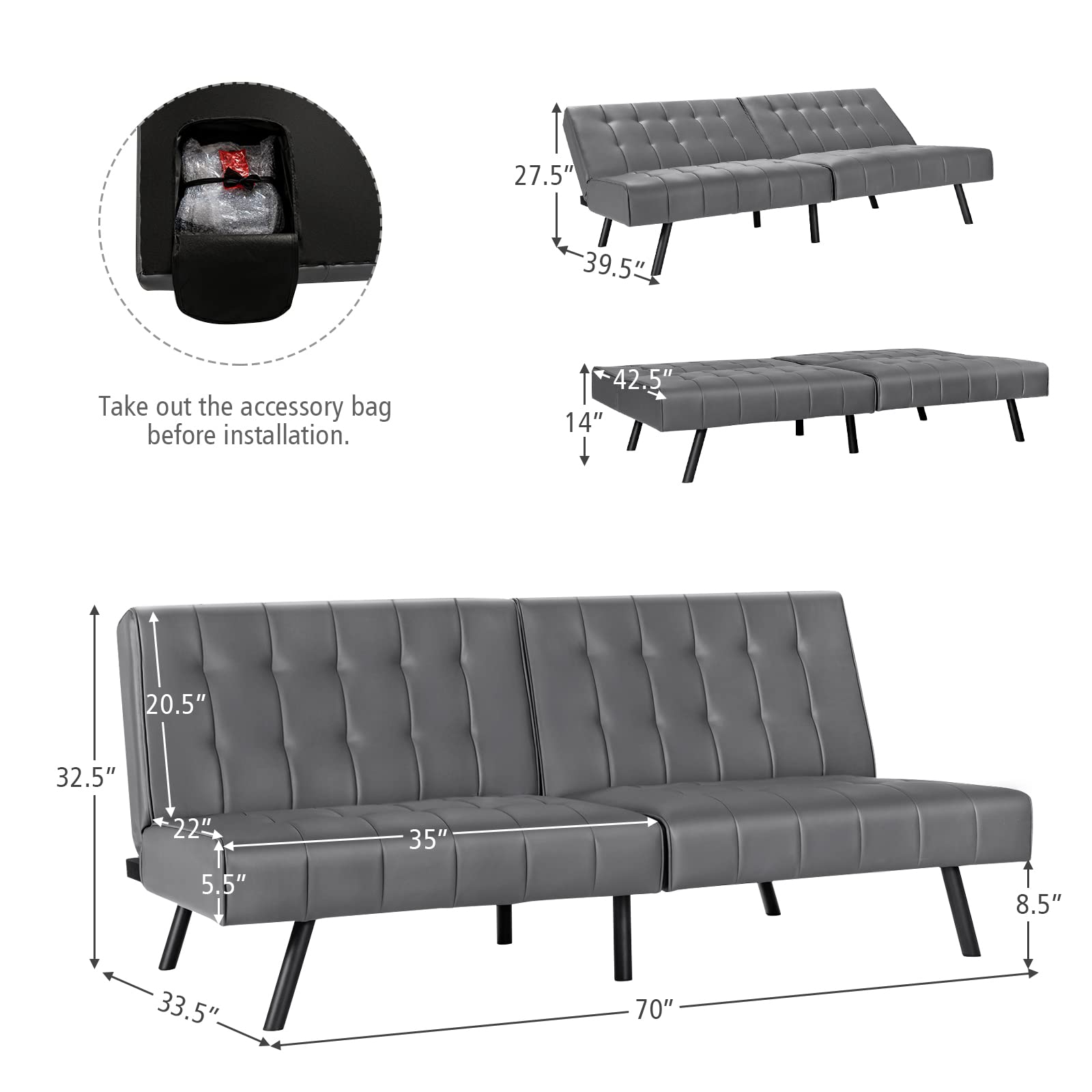 Faux Leather Futon Sofa Bed with Adjustable Backrest