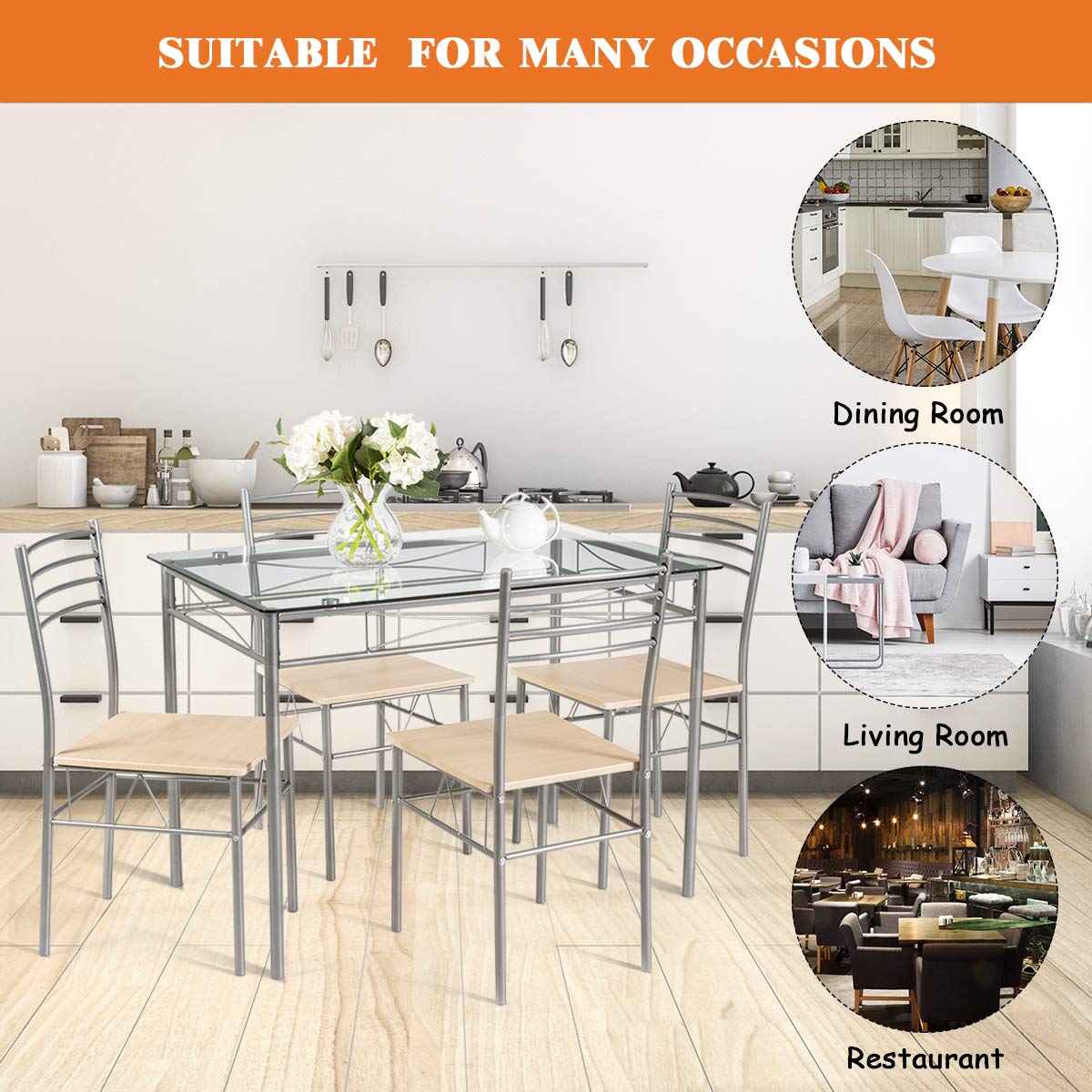 5 Piece Dining Table Set, Kitchen Dining Set with Tempered Glass Table Top and 4 Chairs