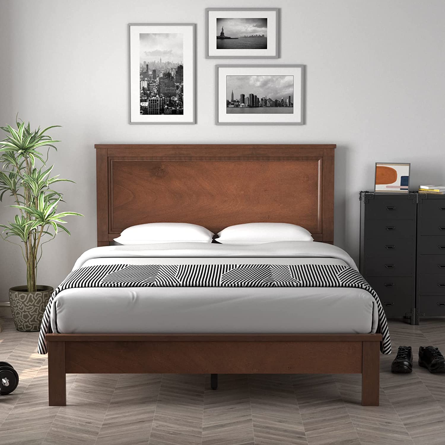 Wood Platform Bed Frame with Headboard, Mid Century Platform Bed Frame with Solid Wood Legs & Wooden Slat Support