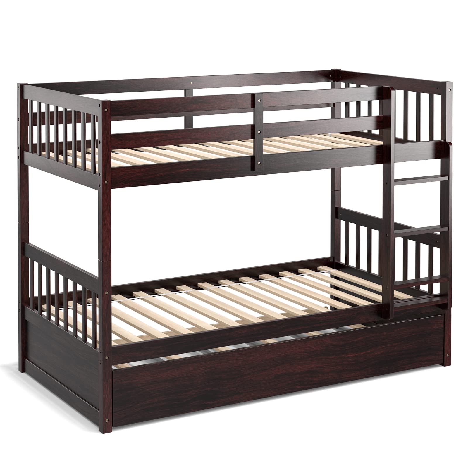 Twin Over Twin Wood Bunk Bed with Trundle, 2-in-1 Convertible Bunk Bed with Ladder & Solid Wood Frame