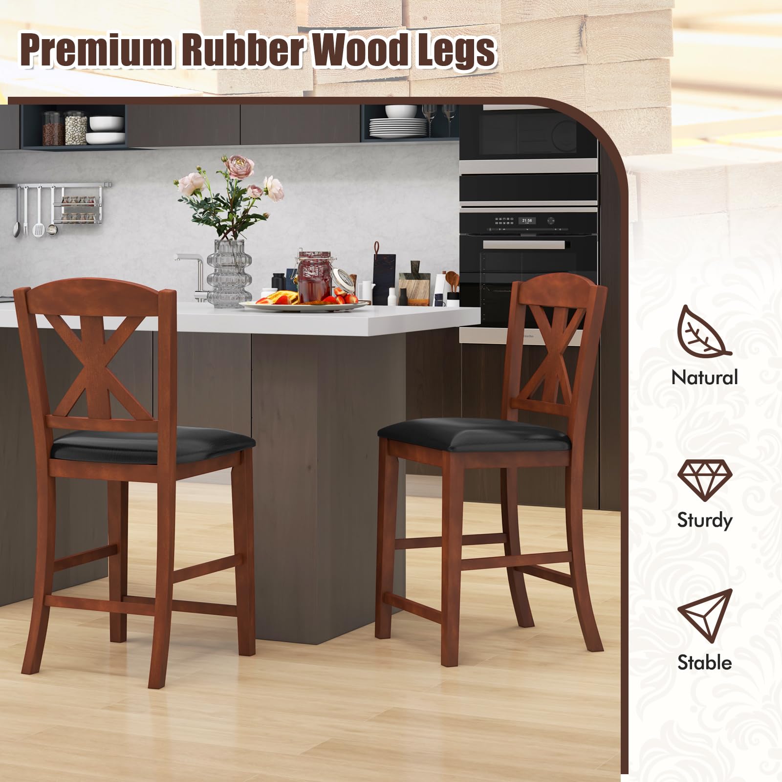 Wood Bar Stools Set of 2/4, 24" Upholstered Counter Height Bar Chairs w/Hollowed High Back, PU Leather, Rubber Wood Legs
