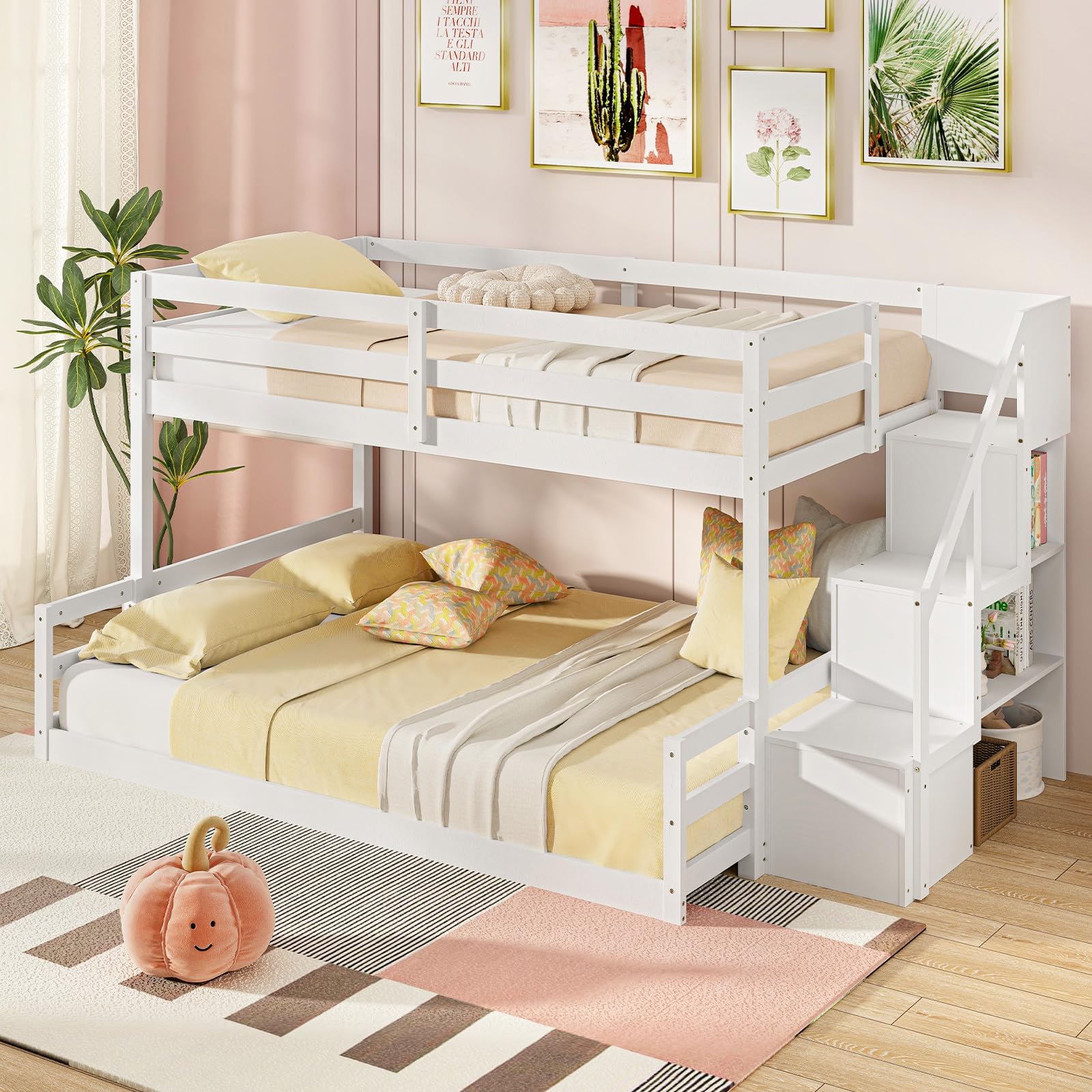 Bunk Bed with Stairs, Solid Wood Floor Bunk Bed with Storage Staircase & Full-Length Guardrails