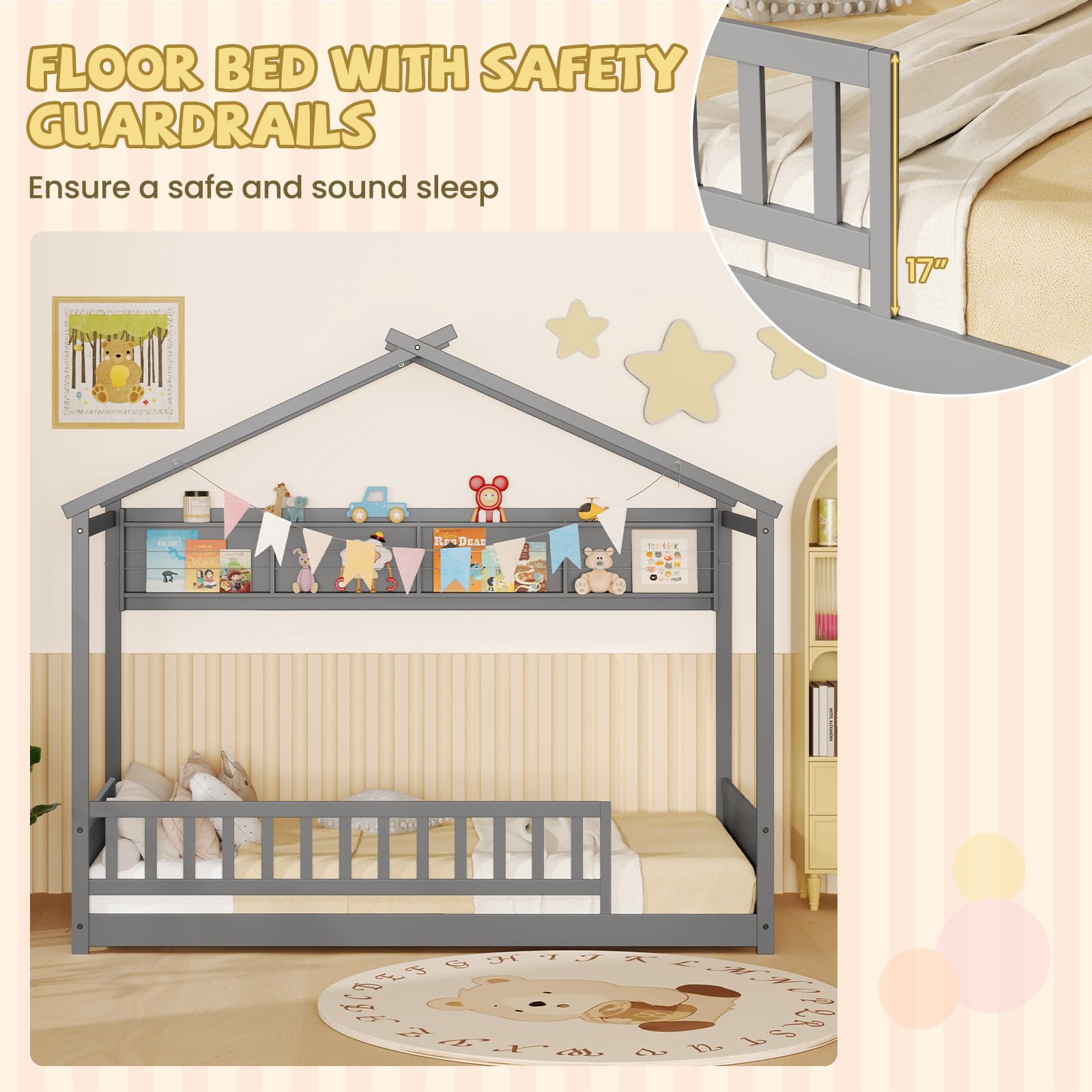 Twin Floor House Bed with Storage Shelf, Headboard & Guardrail