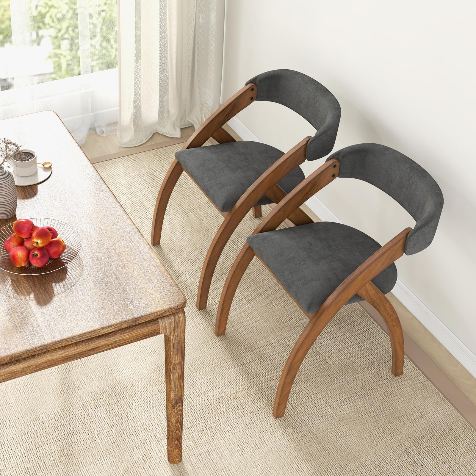 Wooden Dining Chairs Set of 2/4, Upholstered Kitchen Chairs w/Arched Rubber Wood Legs, Padded Cushion & Curved Back
