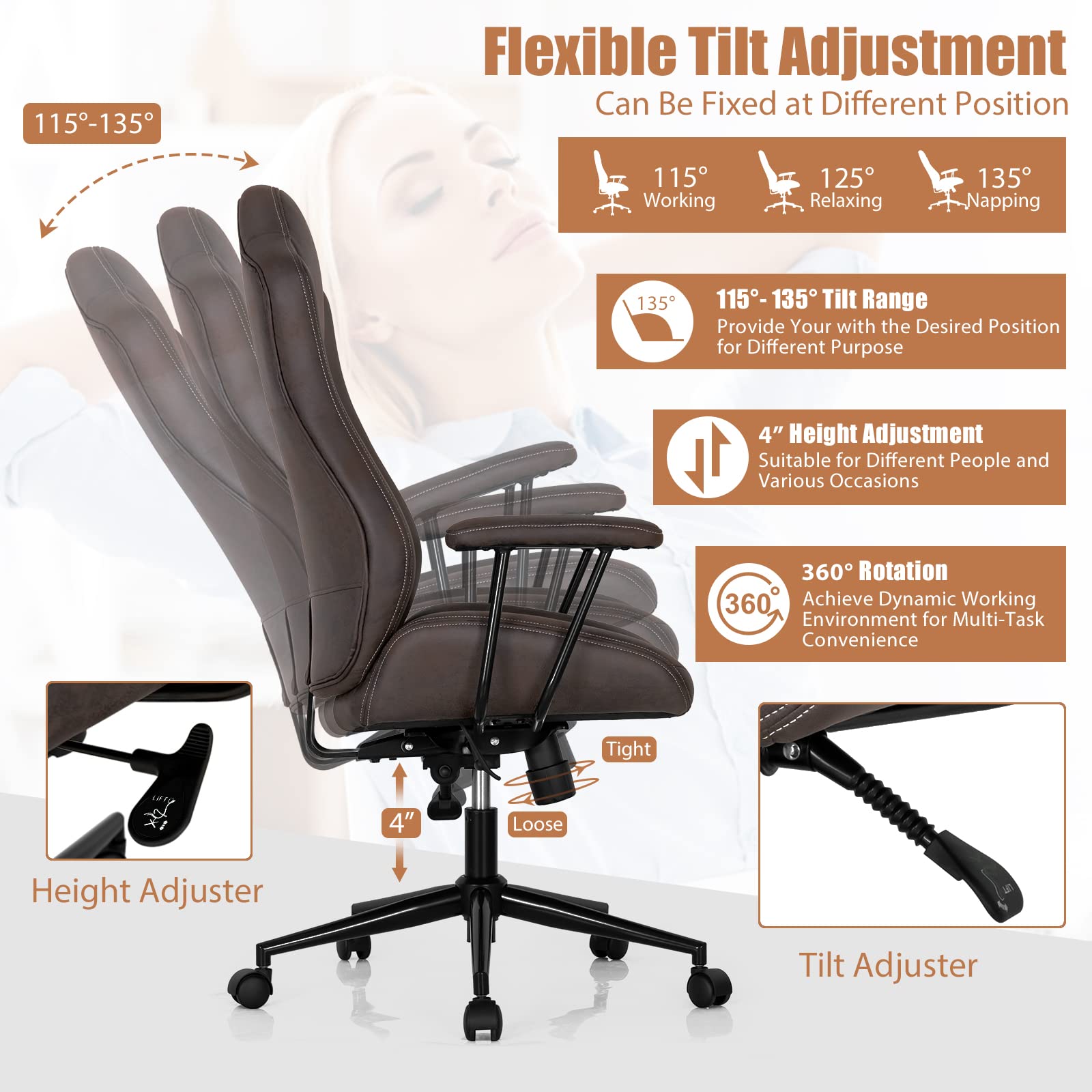 High-Back Home Office Desk Chair, Ergonomic Leathaire Task Chair with Comfortable Padded Seat & Detachable Armrests