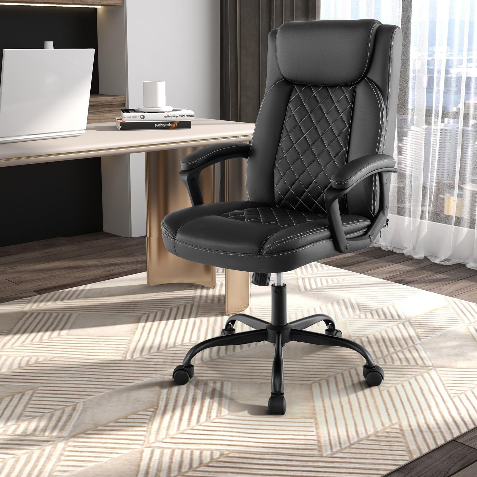 Executive Office Chair, Leather Like Desk Chair with Thick Headrest Cushion & Padded Armrests